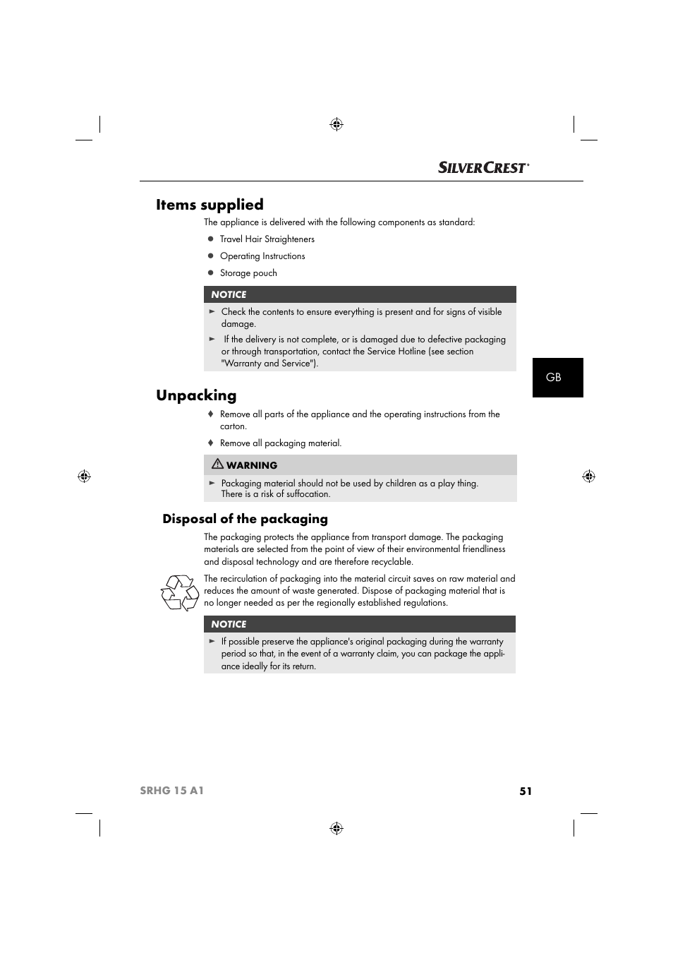 Items supplied, Unpacking, Disposal of the packaging | Silvercrest SRHG 15 A1 User Manual | Page 54 / 64