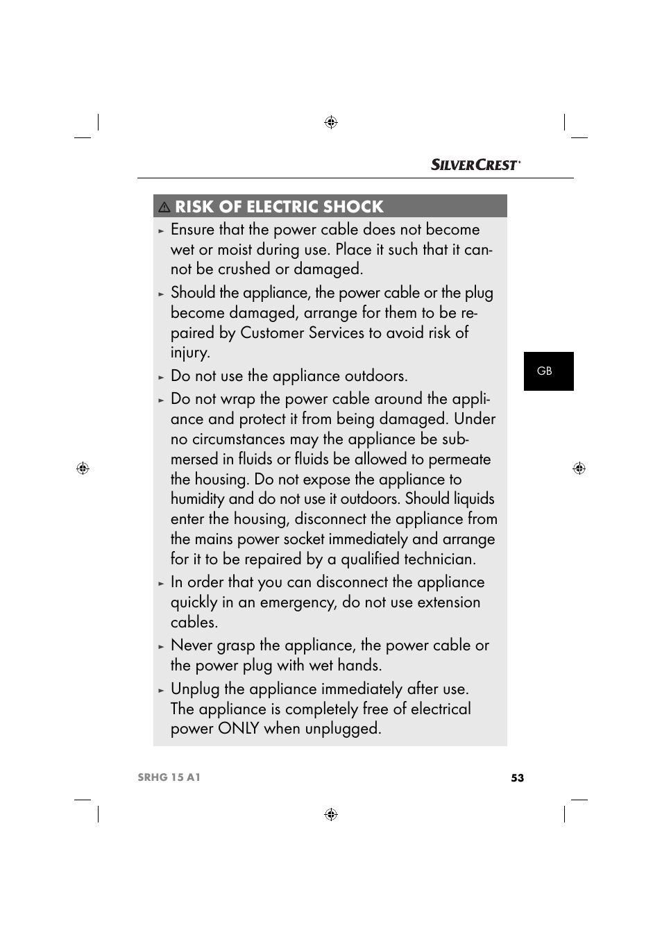 Risk of electric shock, Do not use the appliance outdoors | Silvercrest SRHG 15 A1 User Manual | Page 56 / 64