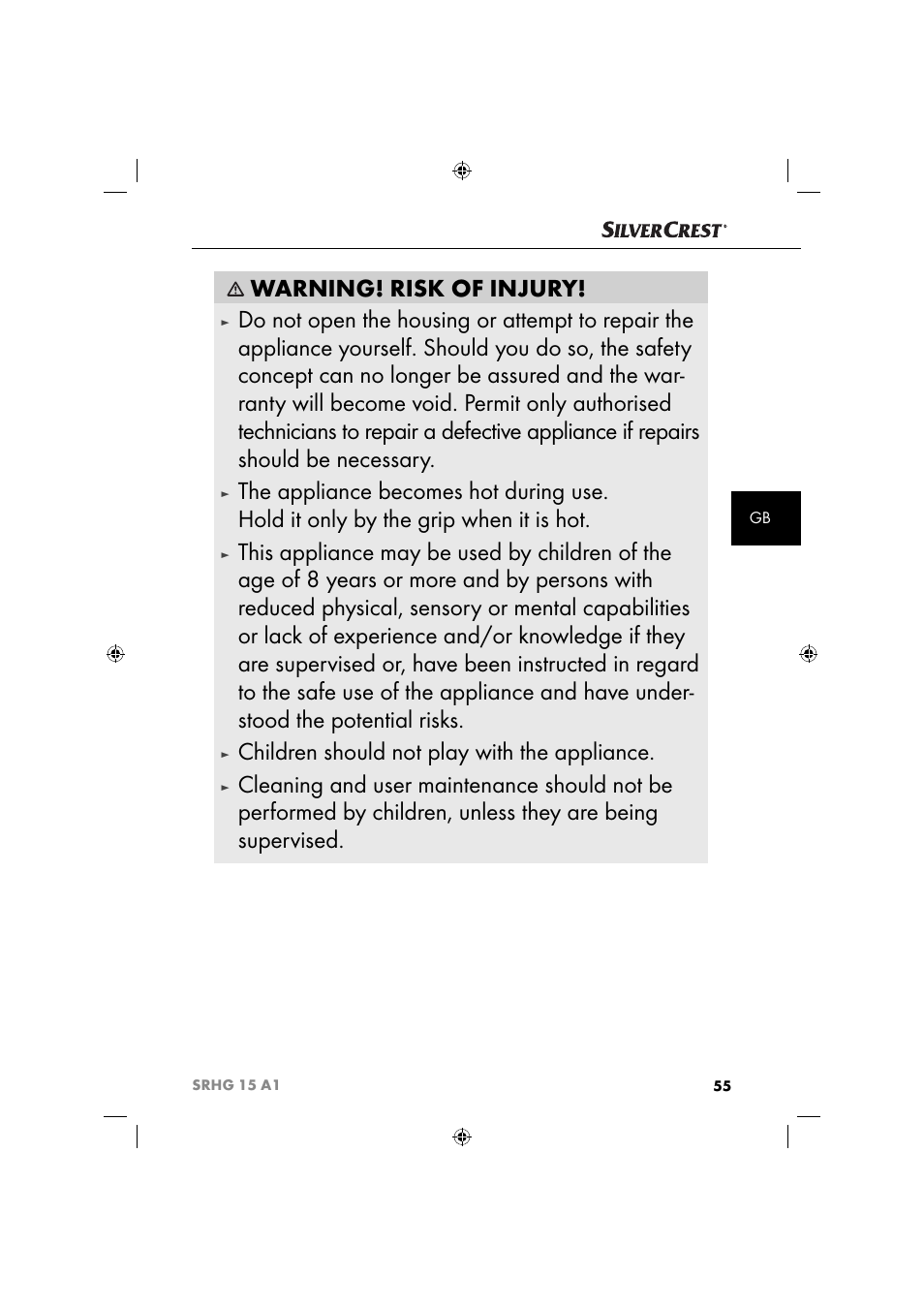 Warning! risk of injury, Children should not play with the appliance | Silvercrest SRHG 15 A1 User Manual | Page 58 / 64