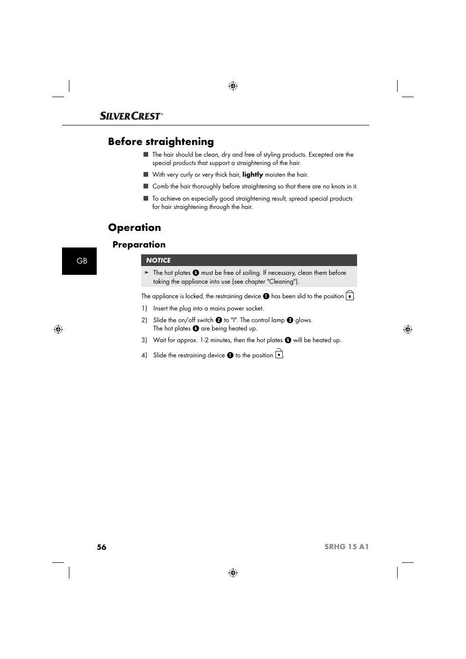 Before straightening, Operation, Preparation | Silvercrest SRHG 15 A1 User Manual | Page 59 / 64