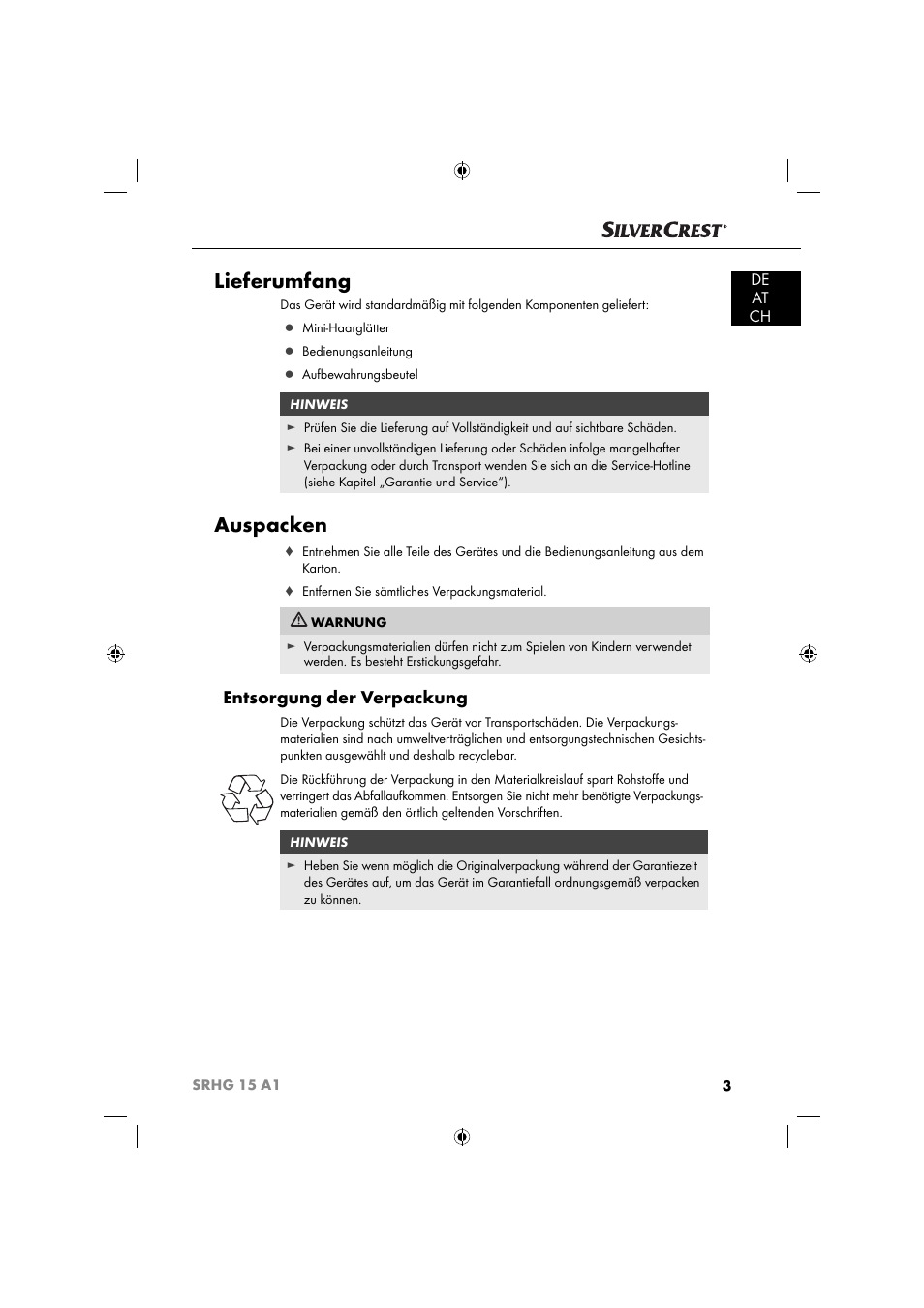 Lieferumfang, Auspacken, Entsorgung der verpackung | De at ch | Silvercrest SRHG 15 A1 User Manual | Page 6 / 64