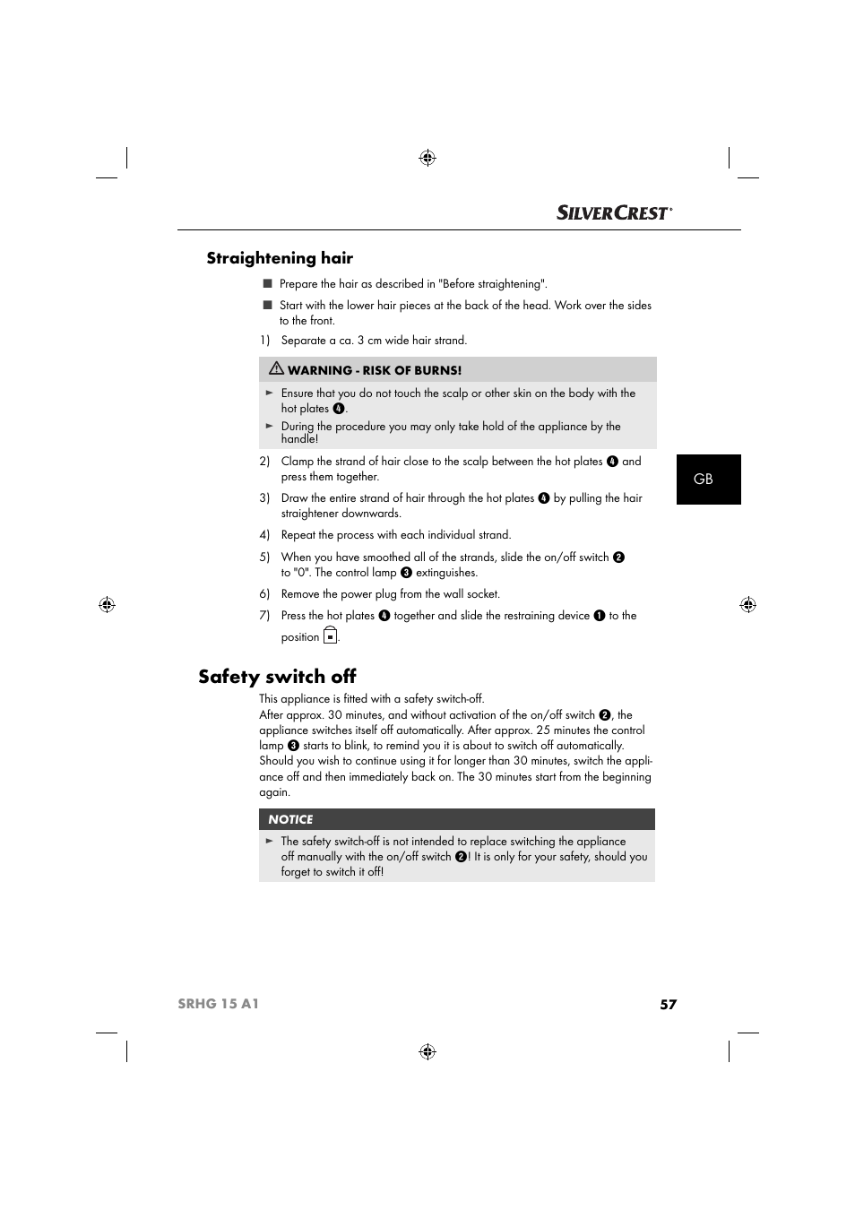 Safety switch oﬀ, Straightening hair | Silvercrest SRHG 15 A1 User Manual | Page 60 / 64