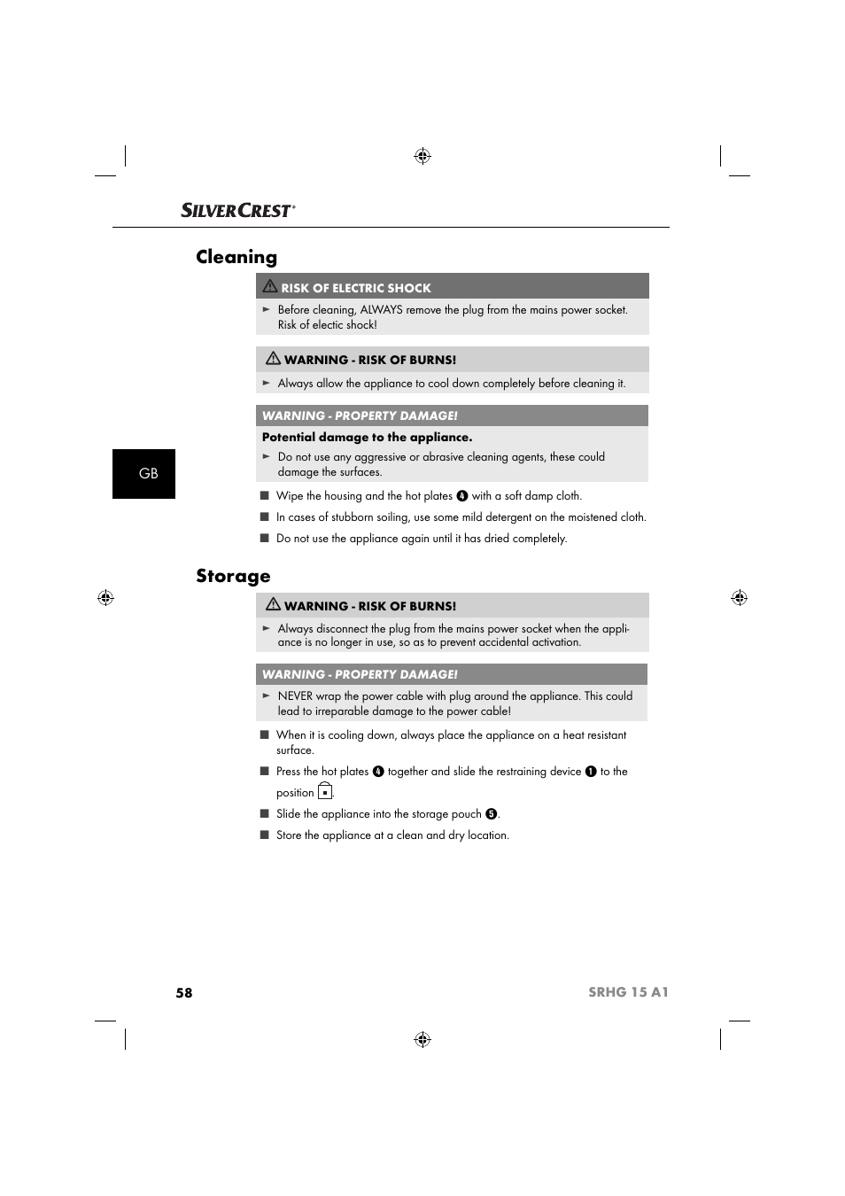 Cleaning, Storage | Silvercrest SRHG 15 A1 User Manual | Page 61 / 64