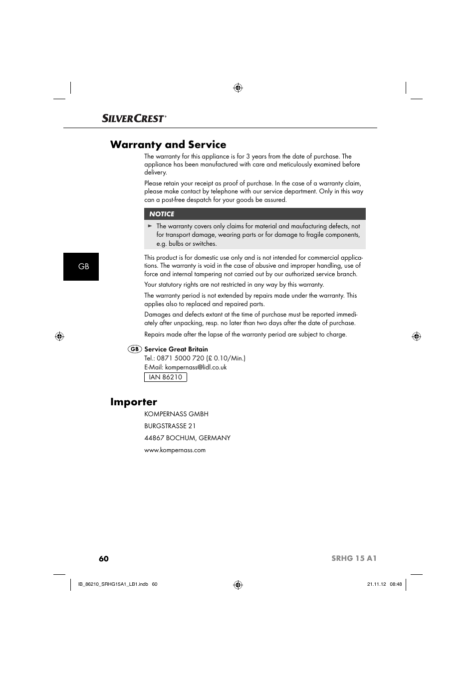 Warranty and service, Importer | Silvercrest SRHG 15 A1 User Manual | Page 63 / 64