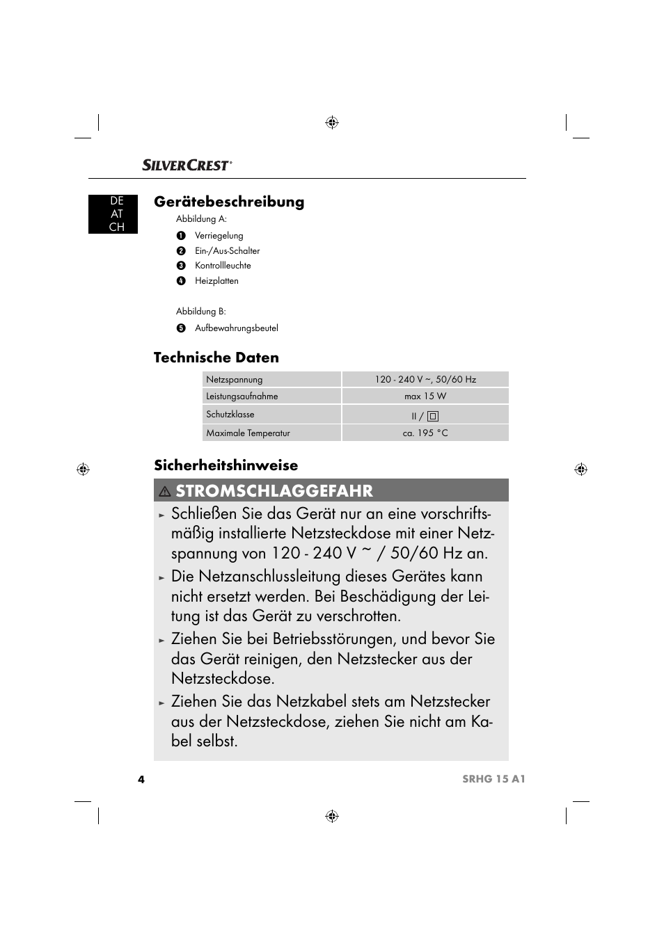 Stromschlaggefahr, Gerätebeschreibung, Technische daten | Sicherheitshinweise | Silvercrest SRHG 15 A1 User Manual | Page 7 / 64