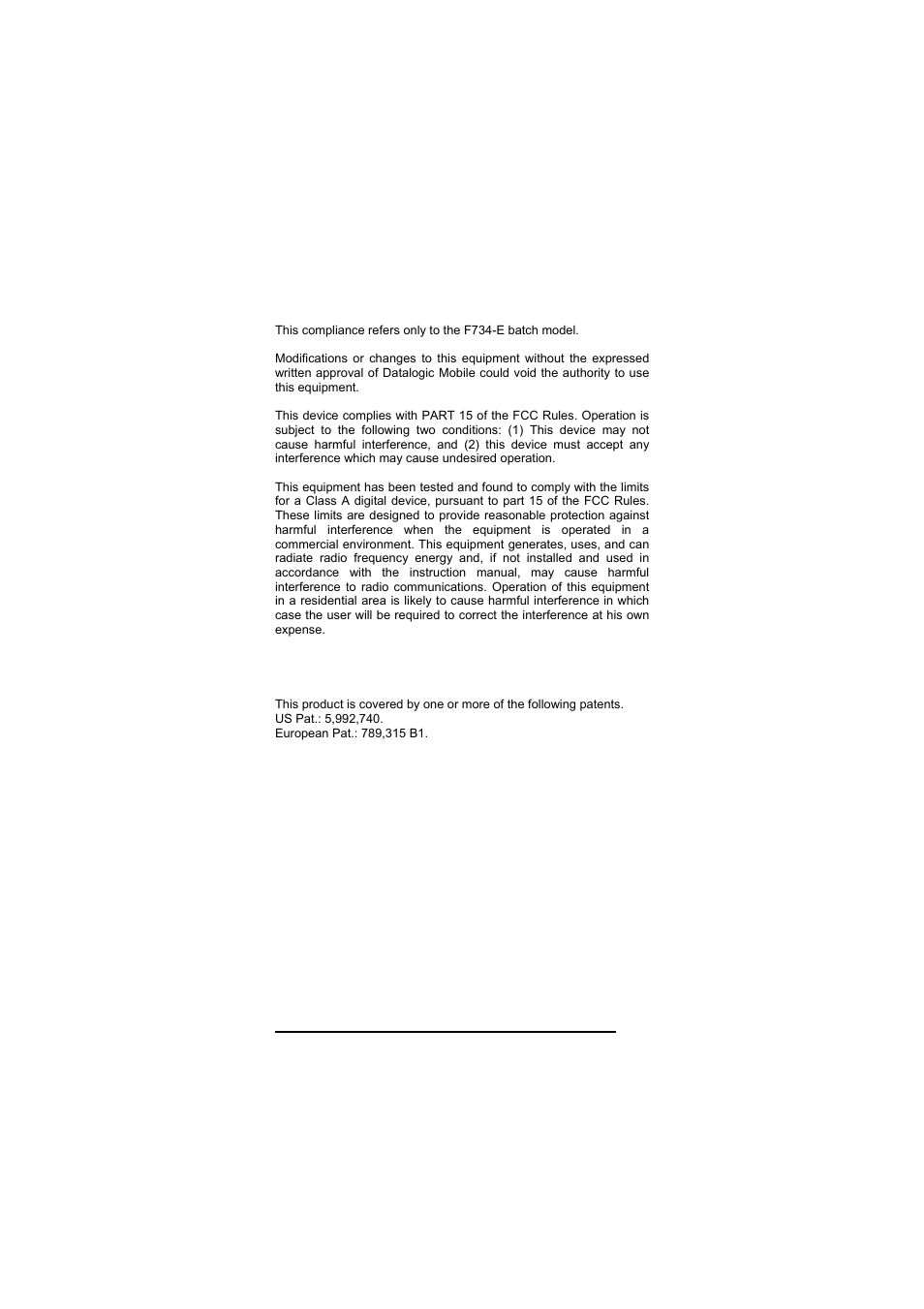 Fcc compliance, Patents | Datalogic Scanning F734-E User Manual | Page 13 / 52