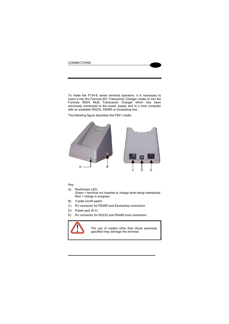 Connections, Cradle, 2 connections | 1 cradle | Datalogic Scanning F734-E User Manual | Page 25 / 52