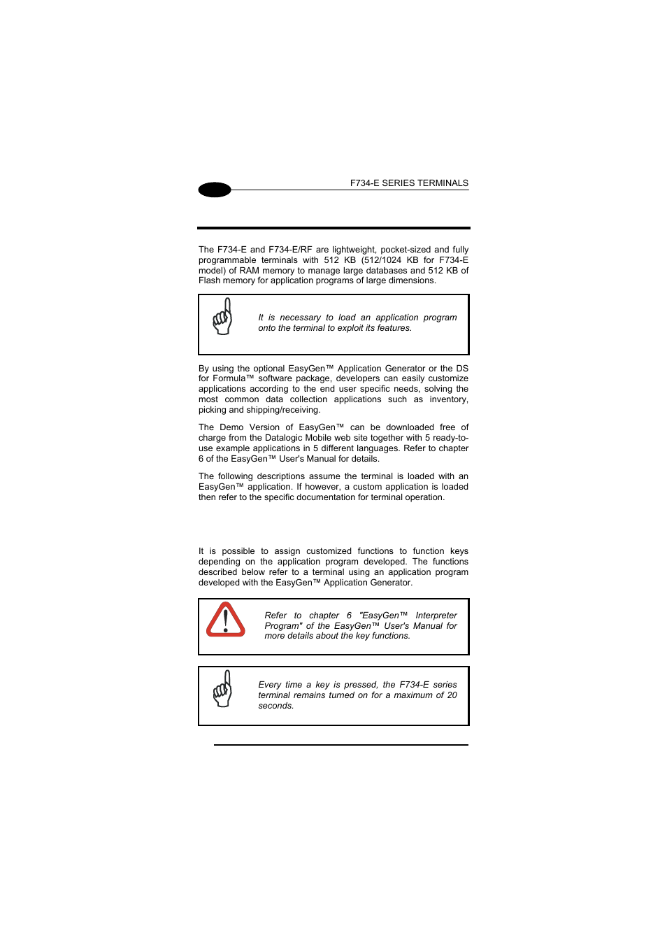 Use and operation, Description of keys using easygen, 3use and operation | 1 description of keys using easygen | Datalogic Scanning F734-E User Manual | Page 34 / 52