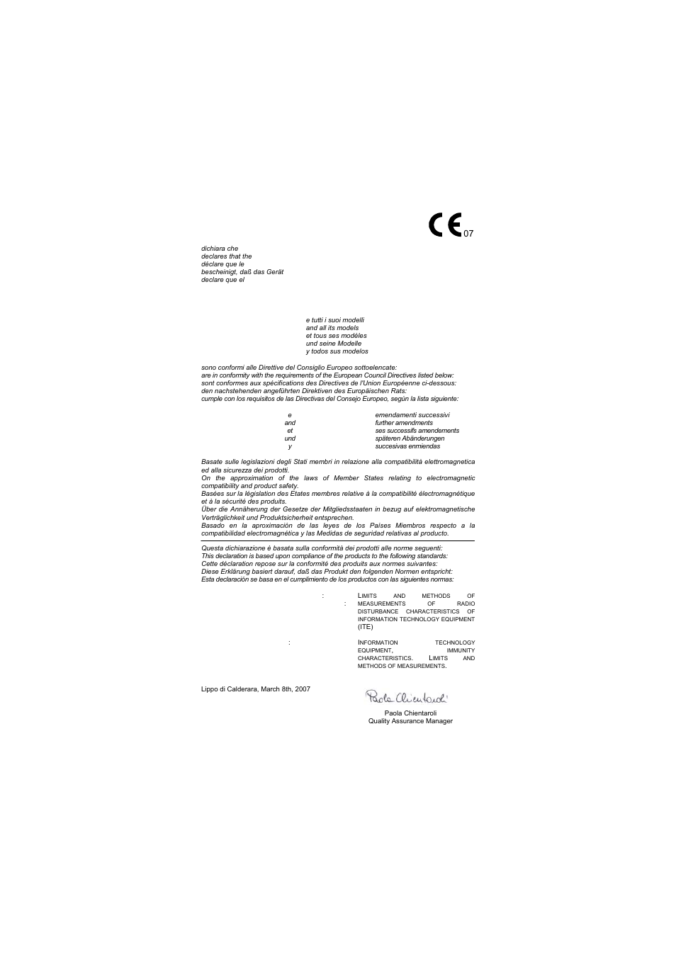 Declaration of conformity | Datalogic Scanning F734-E User Manual | Page 51 / 52