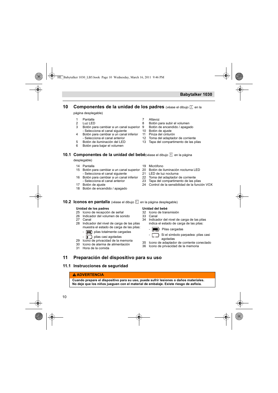 10 componentes de la unidad de los padres, 11 preparación del dispositivo para su uso, Babytalker 1030 | 1 componentes de la unidad del bebé, 2 iconos en pantalla, 1 instrucciones de seguridad | Silvercrest BABYTALKER 1030 User Manual | Page 10 / 80