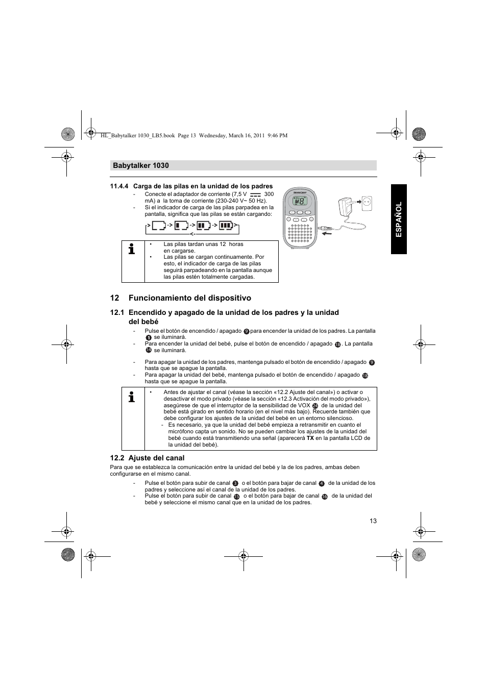 12 funcionamiento del dispositivo, Babytalker 1030 español, 2 ajuste del canal | Silvercrest BABYTALKER 1030 User Manual | Page 13 / 80