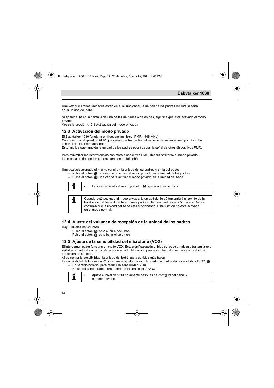 Babytalker 1030, 3 activación del modo privado, 5 ajuste de la sensibilidad del micrófono (vox) | Silvercrest BABYTALKER 1030 User Manual | Page 14 / 80