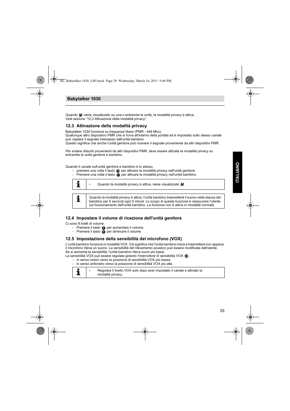 Babytalker 1030 it al iano, 3 attivazione della modalità privacy | Silvercrest BABYTALKER 1030 User Manual | Page 29 / 80