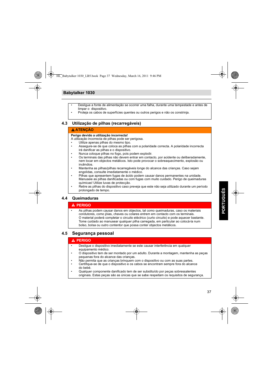 Segurança pessoal | Silvercrest BABYTALKER 1030 User Manual | Page 37 / 80