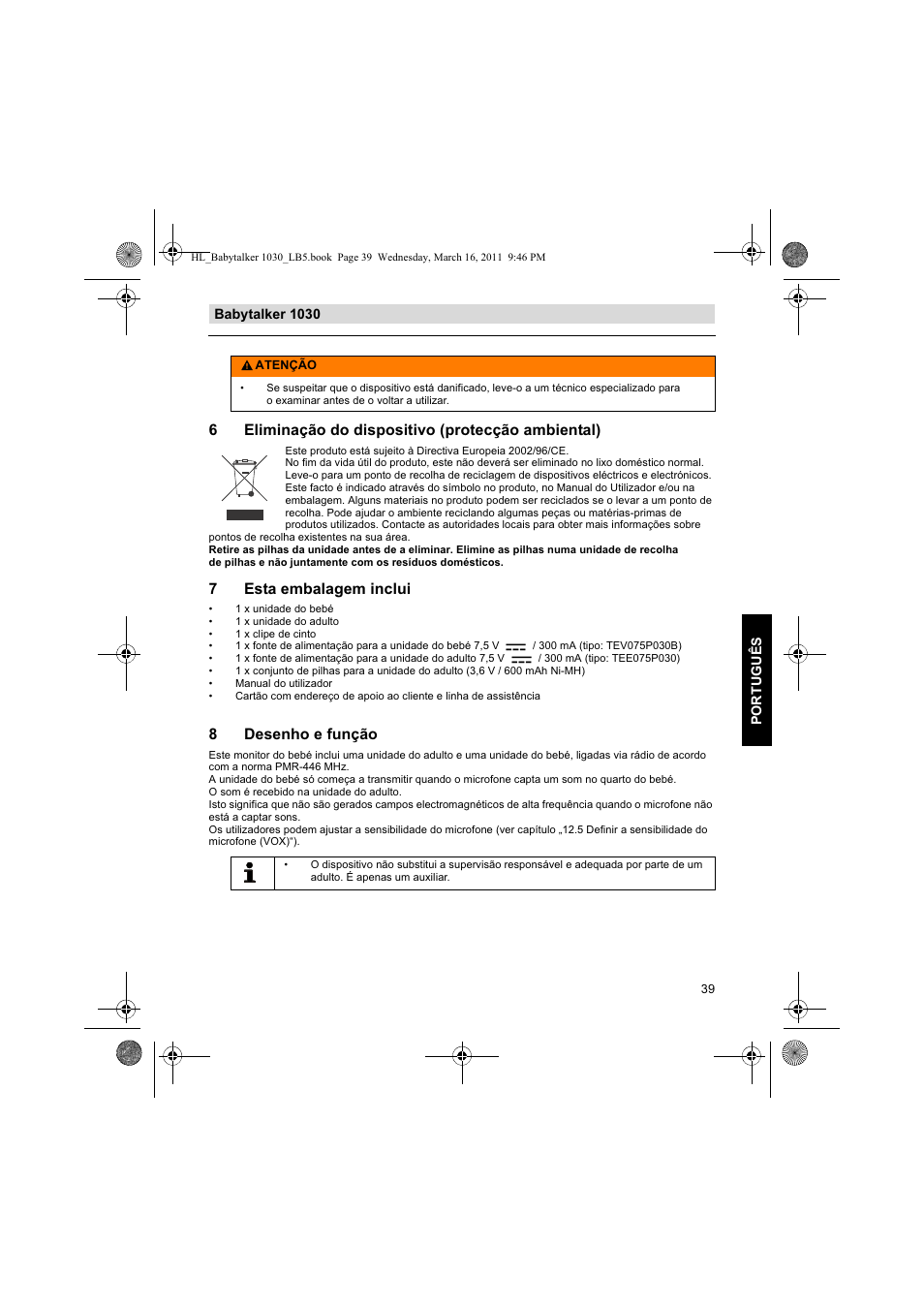 6eliminação do dispositivo (protecção ambiental), 7esta embalagem inclui, 8desenho e função | Silvercrest BABYTALKER 1030 User Manual | Page 39 / 80