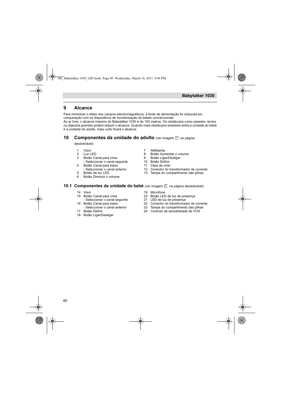 9alcance, 10 componentes da unidade do adulto, Babytalker 1030 | 1 componentes da unidade do bebé | Silvercrest BABYTALKER 1030 User Manual | Page 40 / 80