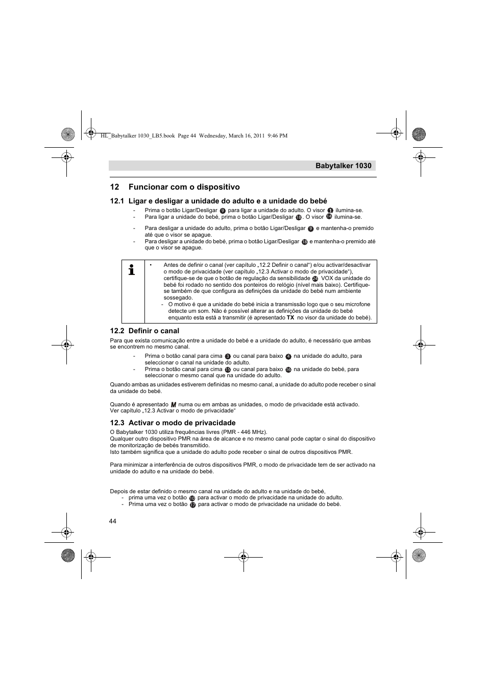 12 funcionar com o dispositivo, Babytalker 1030, 2 definir o canal | 3 activar o modo de privacidade | Silvercrest BABYTALKER 1030 User Manual | Page 44 / 80