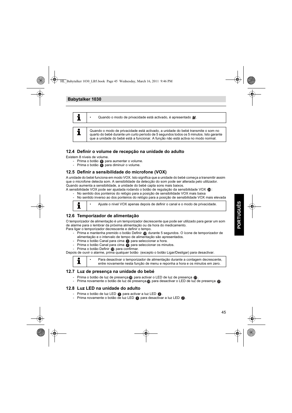 5 definir a sensibilidade do microfone (vox), 6 temporizador de alimentação, 7 luz de presença na unidade do bebé | 8 luz led na unidade do adulto | Silvercrest BABYTALKER 1030 User Manual | Page 45 / 80