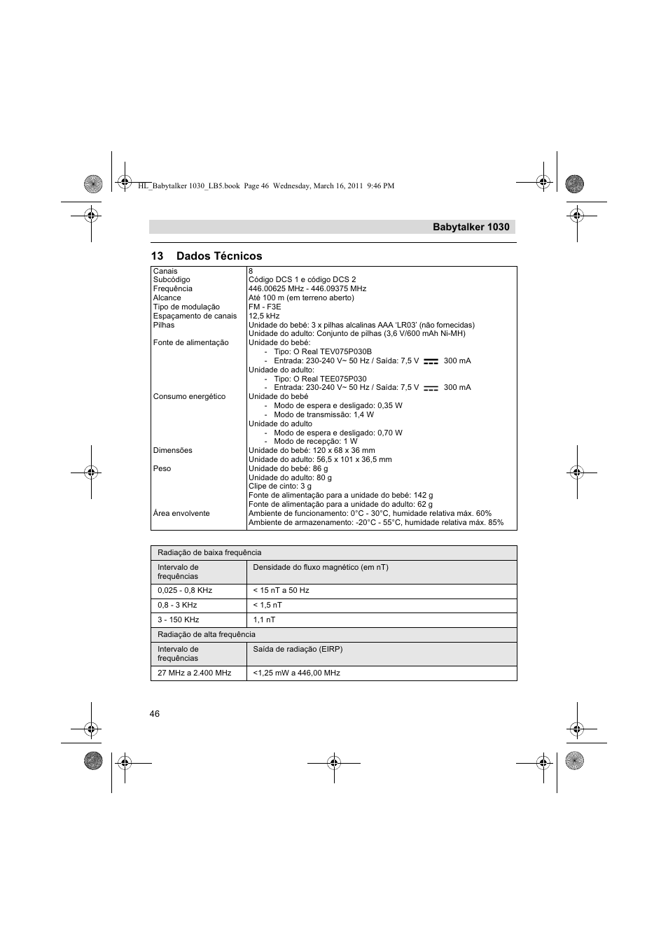 13 dados técnicos, Babytalker 1030 | Silvercrest BABYTALKER 1030 User Manual | Page 46 / 80