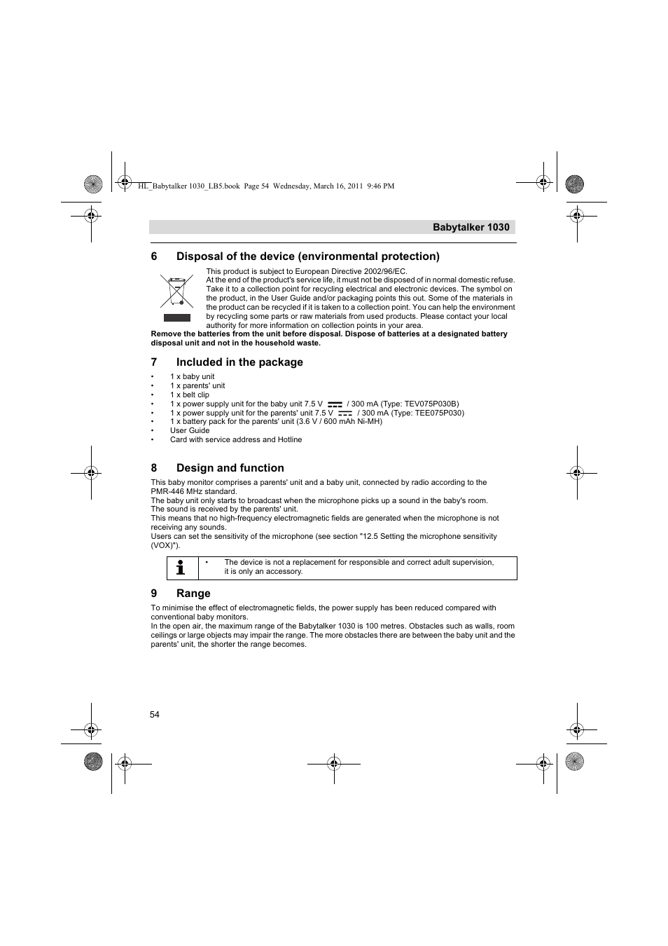 6disposal of the device (environmental protection), 7included in the package, 8design and function | 9range | Silvercrest BABYTALKER 1030 User Manual | Page 54 / 80