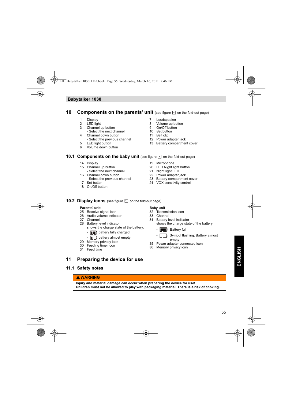 10 components on the parents' unit, 11 preparing the device for use, Babytalker 1030 english | 1 components on the baby unit, 2 display icons | Silvercrest BABYTALKER 1030 User Manual | Page 55 / 80