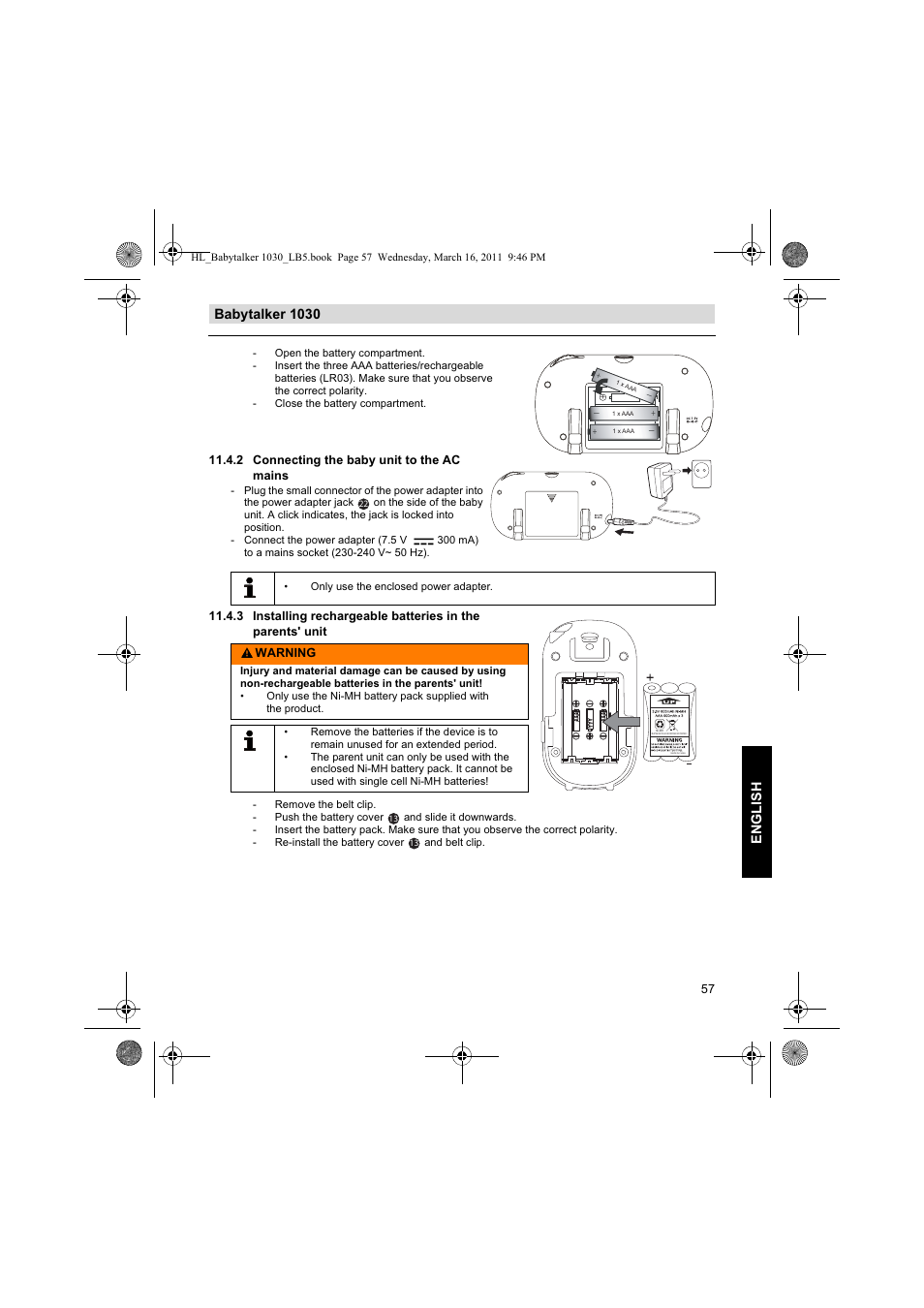 Babytalker 1030 english, 2 connecting the baby unit to the ac mains, Warning | Silvercrest BABYTALKER 1030 User Manual | Page 57 / 80