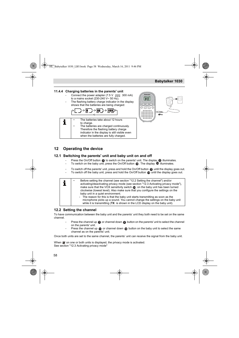 12 operating the device, Babytalker 1030, 2 setting the channel | Silvercrest BABYTALKER 1030 User Manual | Page 58 / 80