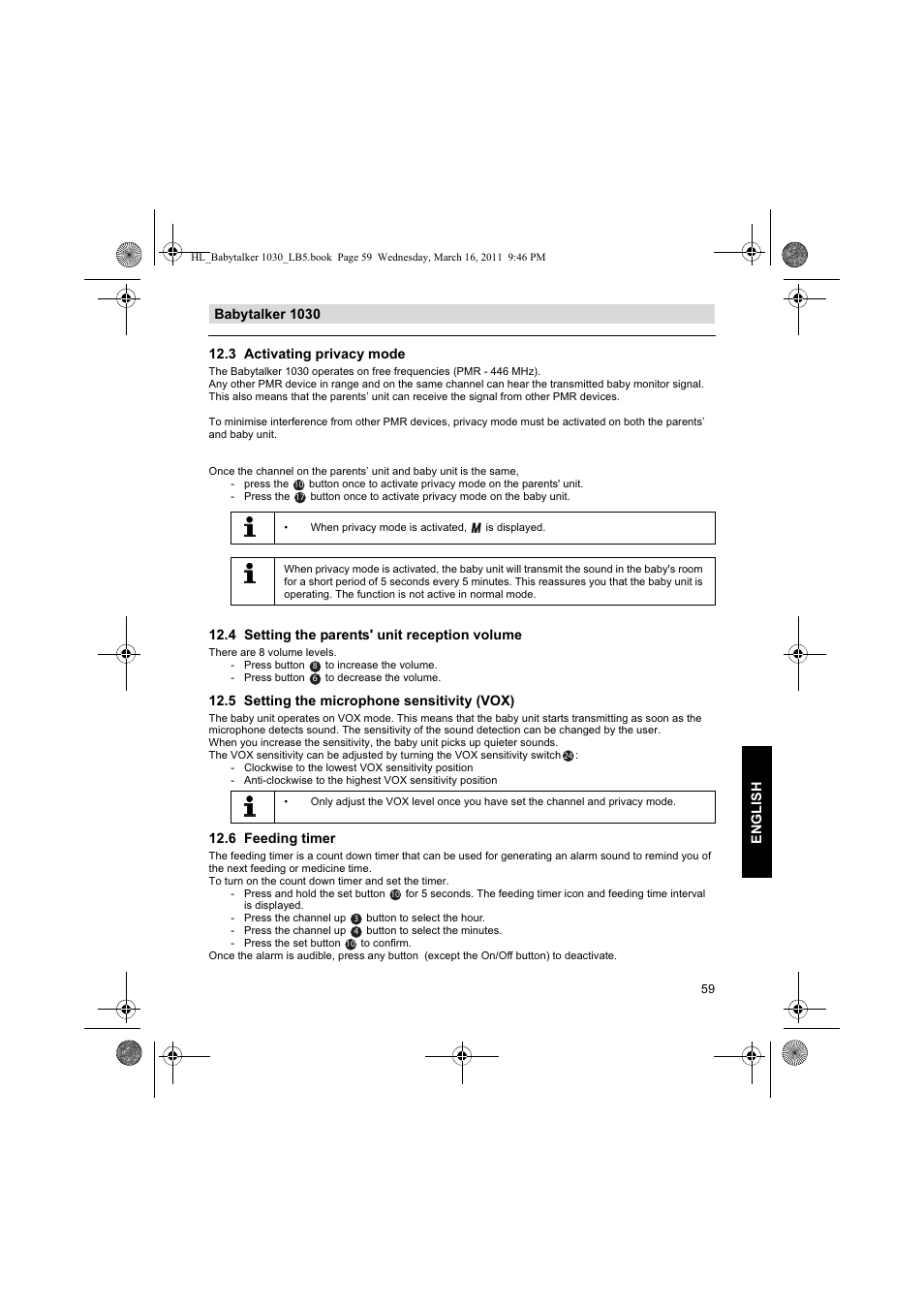 4 setting the parents' unit reception volume, 5 setting the microphone sensitivity (vox), 6 feeding timer | Silvercrest BABYTALKER 1030 User Manual | Page 59 / 80