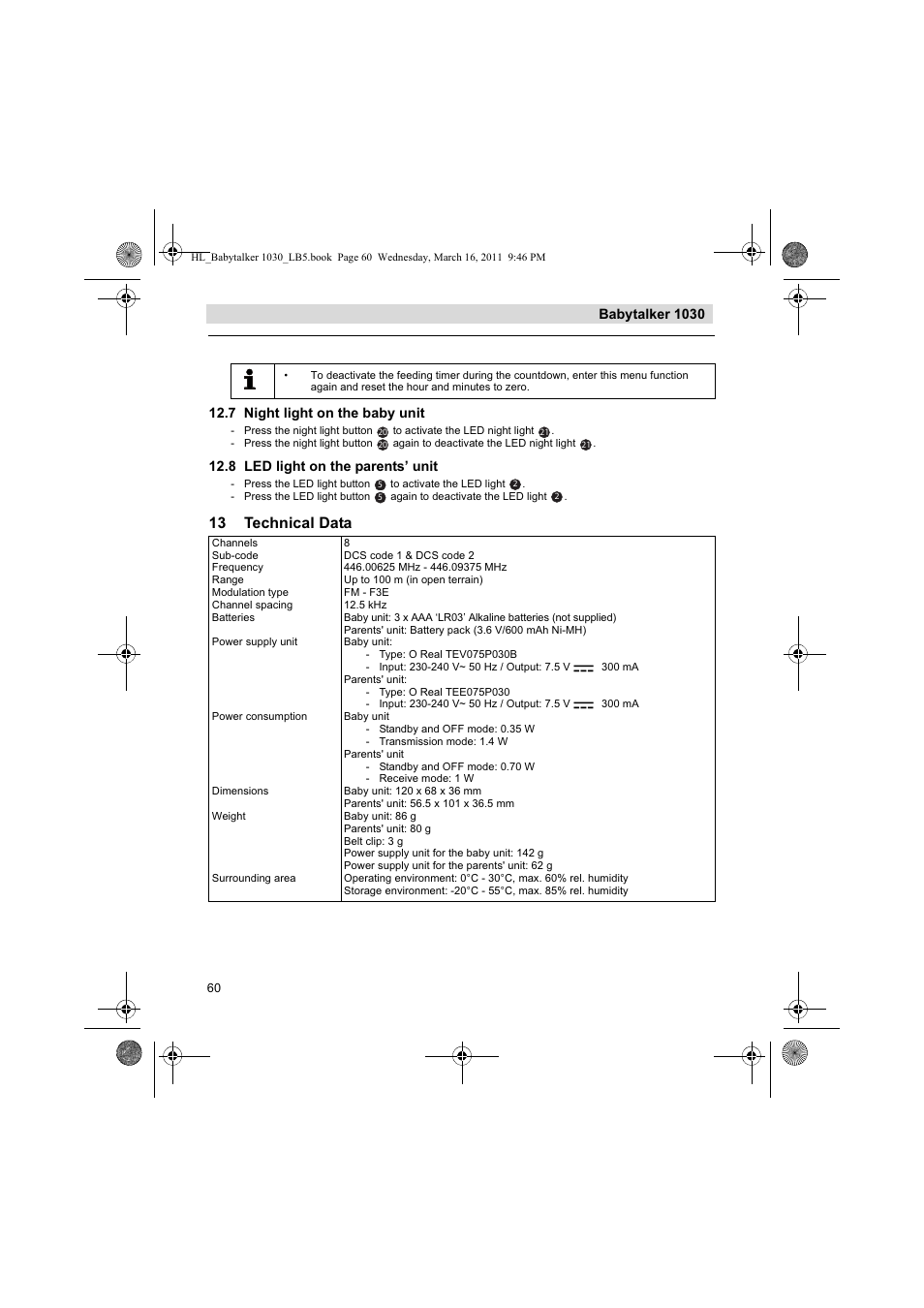 13 technical data, Babytalker 1030, 7 night light on the baby unit | 8 led light on the parents’ unit | Silvercrest BABYTALKER 1030 User Manual | Page 60 / 80