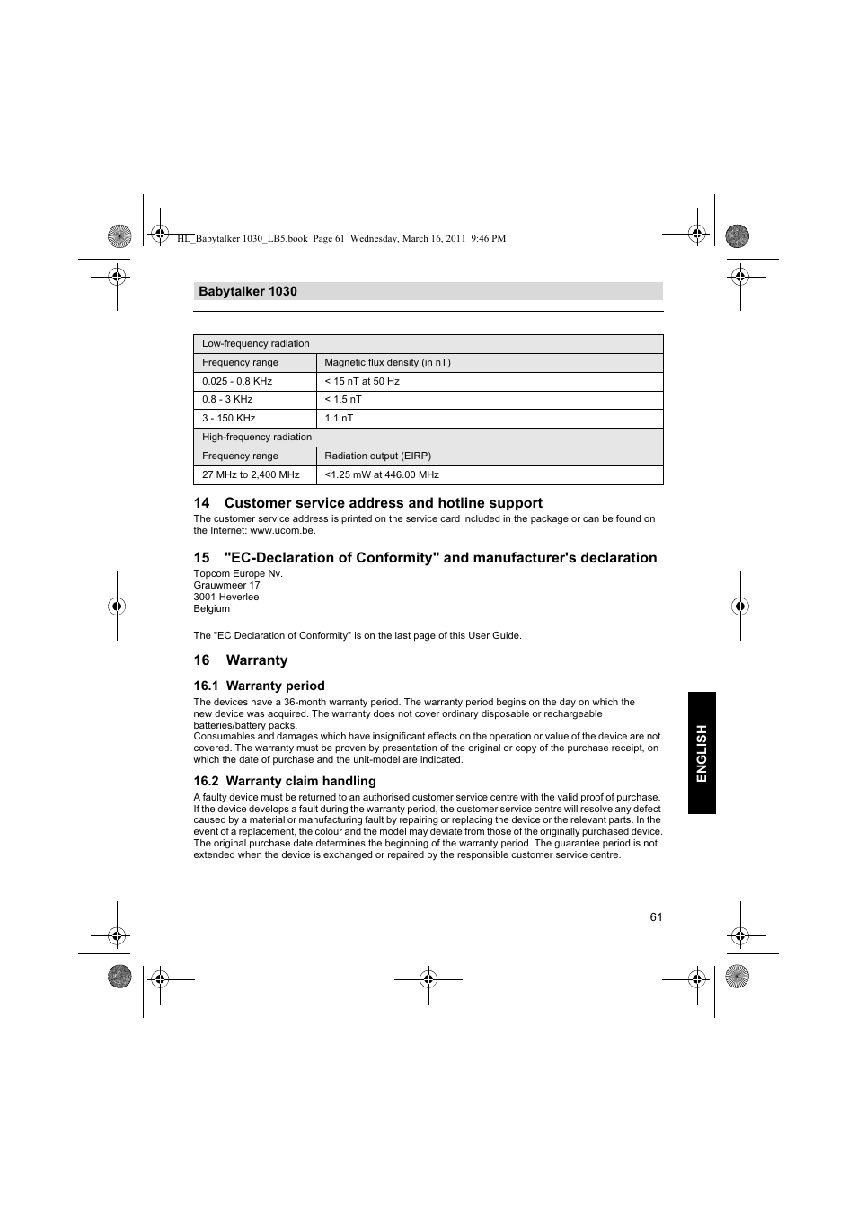 14 customer service address and hotline support, 16 warranty | Silvercrest BABYTALKER 1030 User Manual | Page 61 / 80