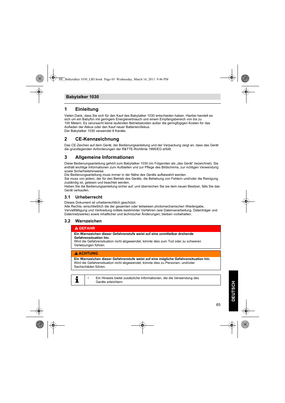 1einleitung, 2ce-kennzeichnung, 3allgemeine informationen | Silvercrest BABYTALKER 1030 User Manual | Page 65 / 80