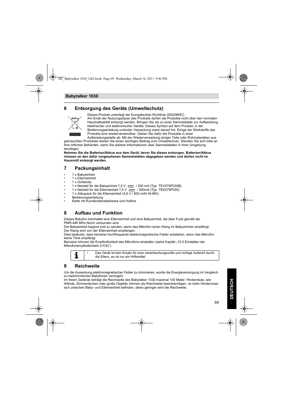 6entsorgung des geräts (umweltschutz), 7packungsinhalt, 8aufbau und funktion | 9reichweite | Silvercrest BABYTALKER 1030 User Manual | Page 69 / 80