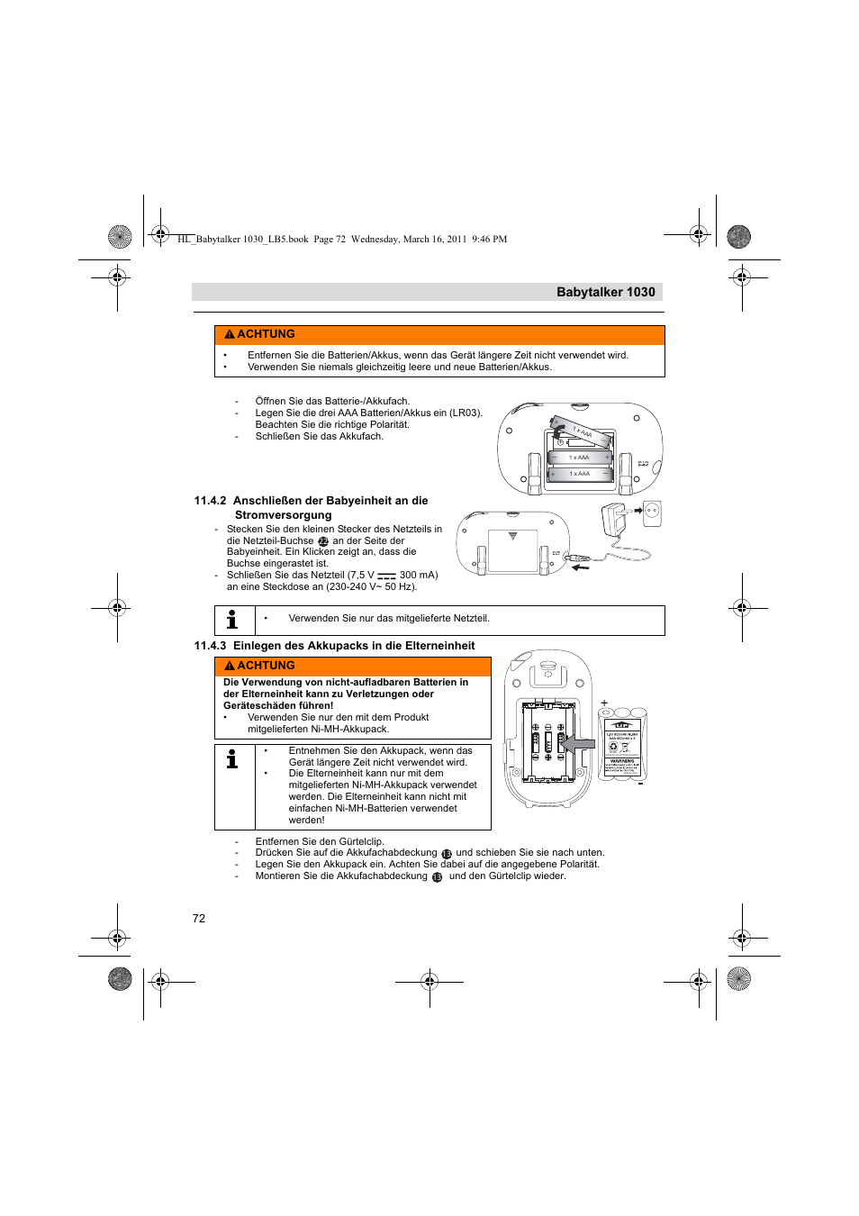 Babytalker 1030, 3 einlegen des akkupacks in die elterneinheit, Achtung | Silvercrest BABYTALKER 1030 User Manual | Page 72 / 80