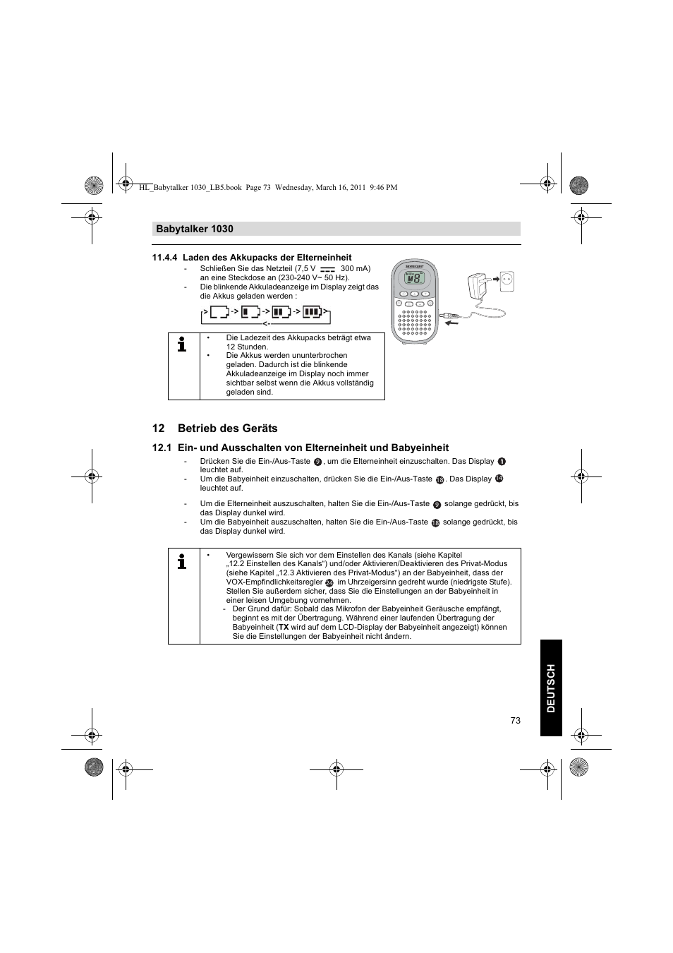 12 betrieb des geräts, Babytalker 1030 deutsc h | Silvercrest BABYTALKER 1030 User Manual | Page 73 / 80