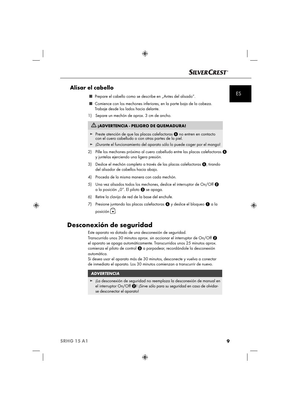 Desconexión de seguridad, Alisar el cabello | Silvercrest SRHG 15 A1 User Manual | Page 12 / 64