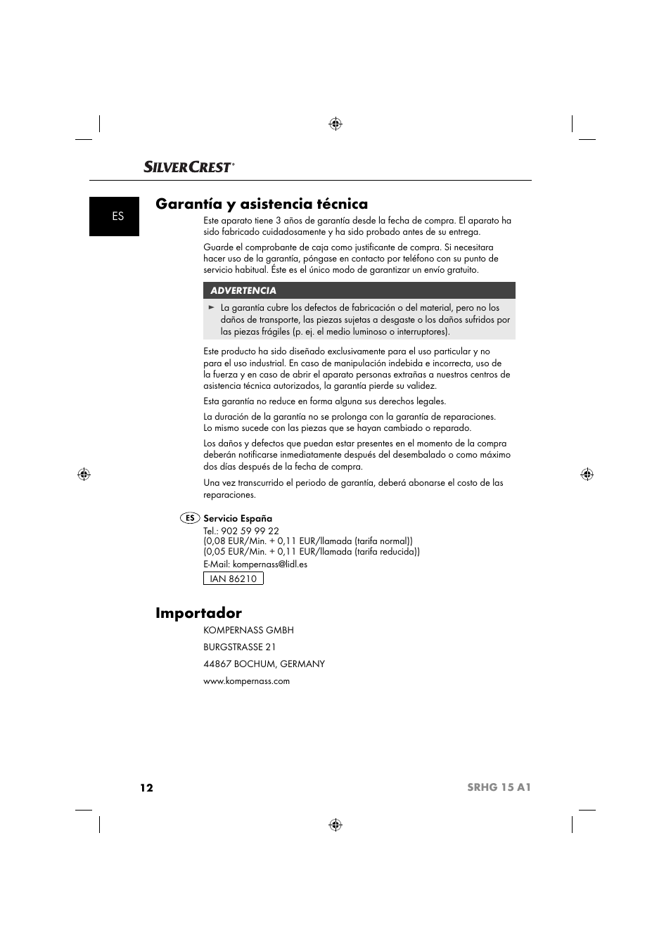 Garantía y asistencia técnica, Importador | Silvercrest SRHG 15 A1 User Manual | Page 15 / 64