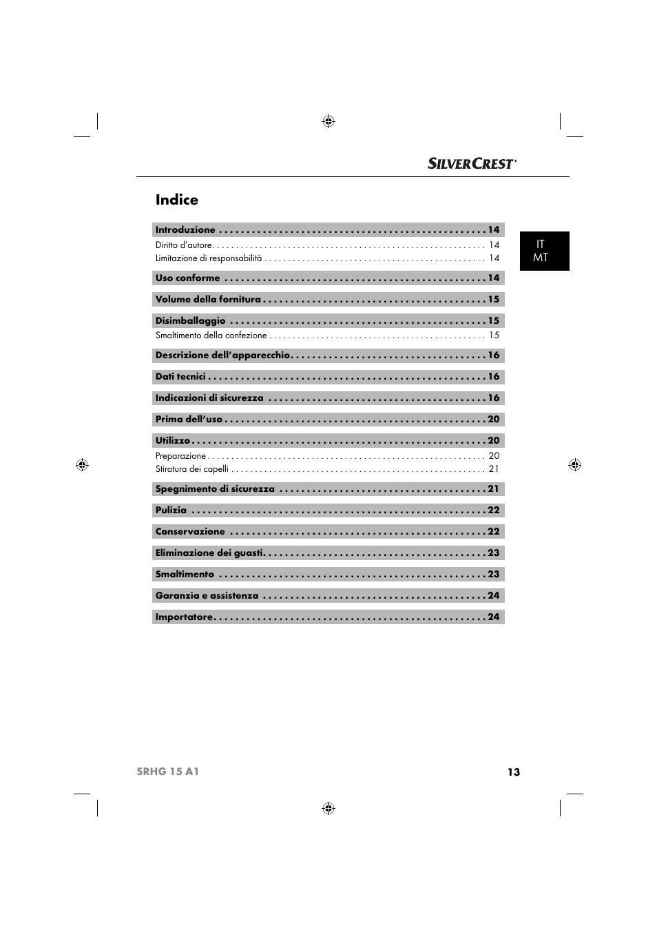 Indice, It mt | Silvercrest SRHG 15 A1 User Manual | Page 16 / 64