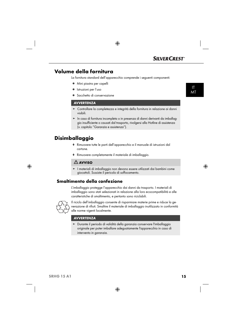 Volume della fornitura, Disimballaggio, Smaltimento della confezione | It mt | Silvercrest SRHG 15 A1 User Manual | Page 18 / 64