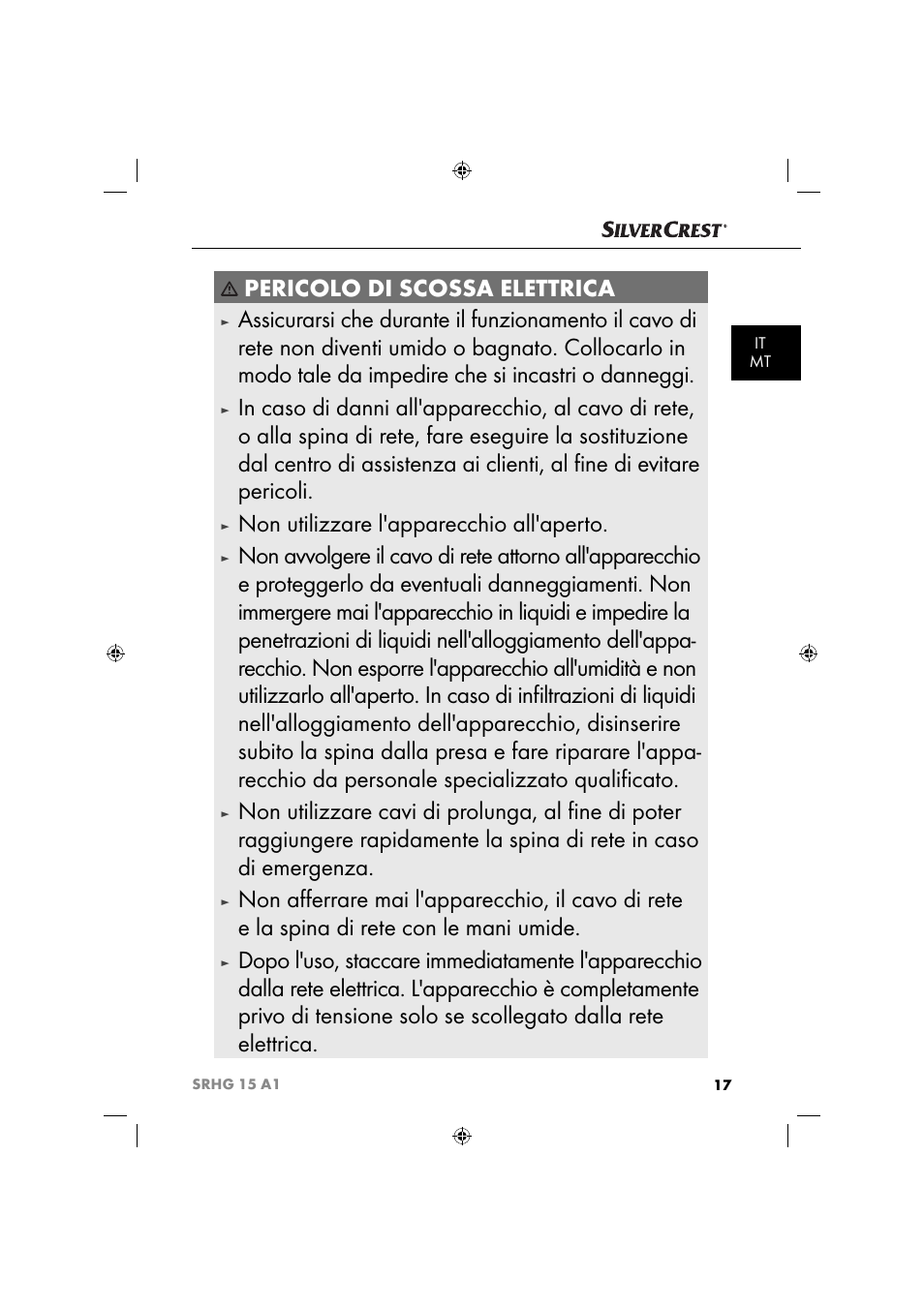 Pericolo di scossa elettrica, Non utilizzare l'apparecchio all'aperto | Silvercrest SRHG 15 A1 User Manual | Page 20 / 64