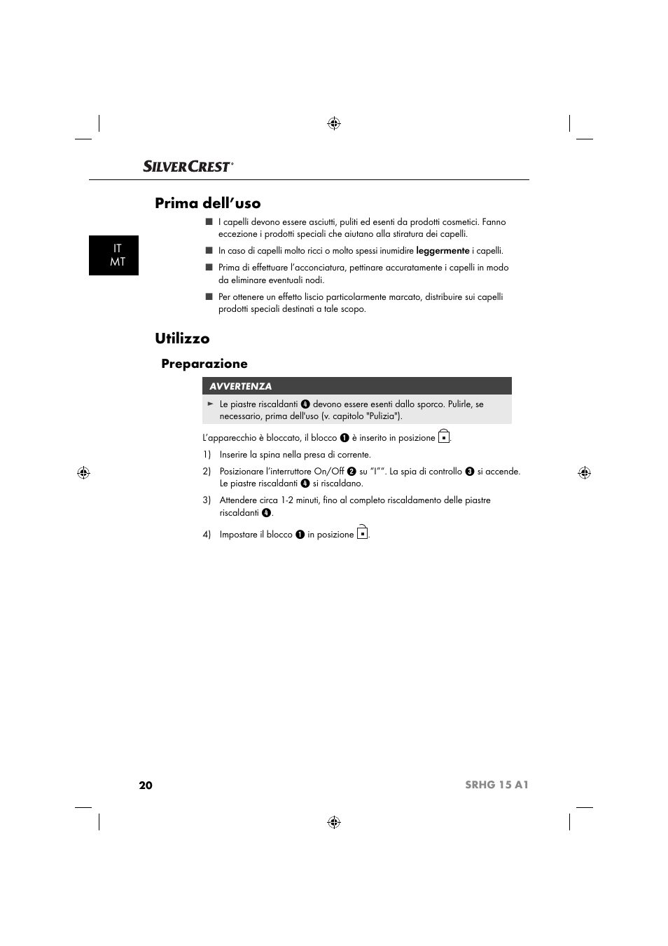 Prima dell’uso, Utilizzo, Preparazione | It mt | Silvercrest SRHG 15 A1 User Manual | Page 23 / 64