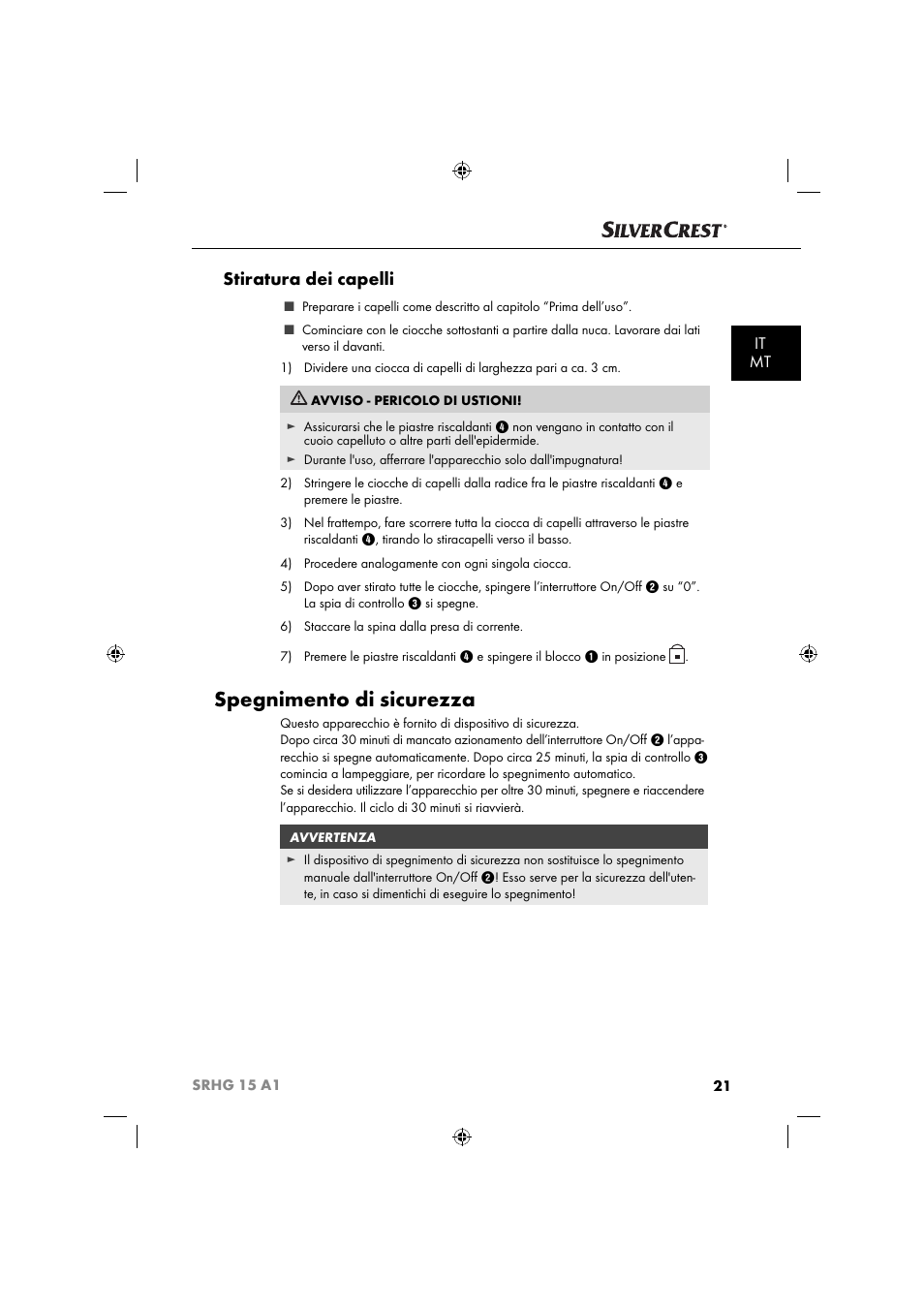 Spegnimento di sicurezza, Stiratura dei capelli, It mt | Silvercrest SRHG 15 A1 User Manual | Page 24 / 64