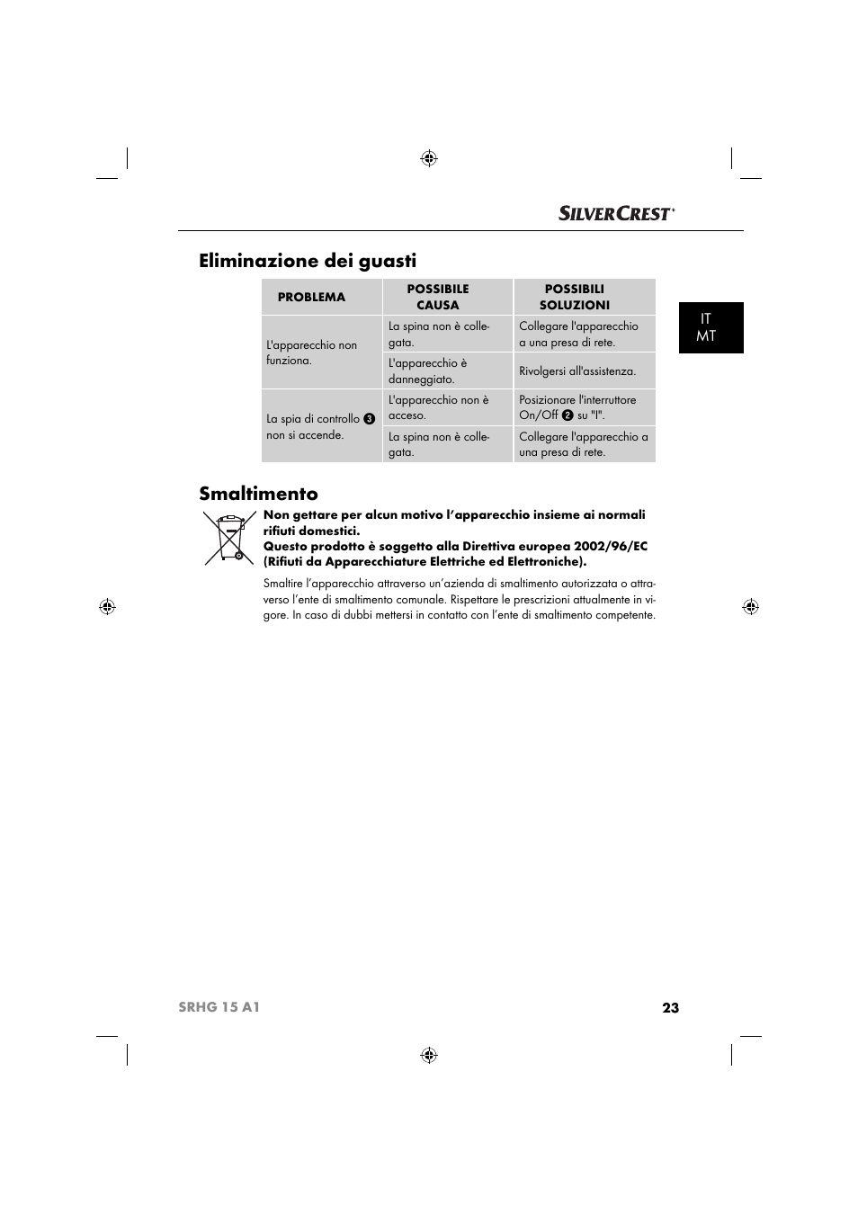 Eliminazione dei guasti, Smaltimento, It mt | Silvercrest SRHG 15 A1 User Manual | Page 26 / 64