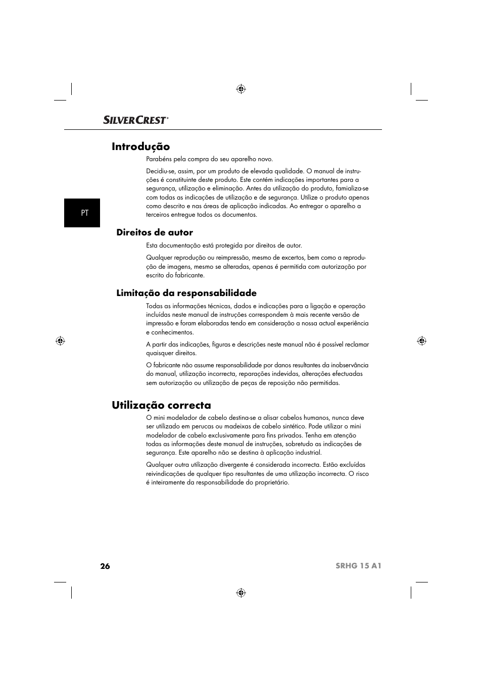 Introdução, Utilização correcta, Direitos de autor | Limitação da responsabilidade | Silvercrest SRHG 15 A1 User Manual | Page 29 / 64