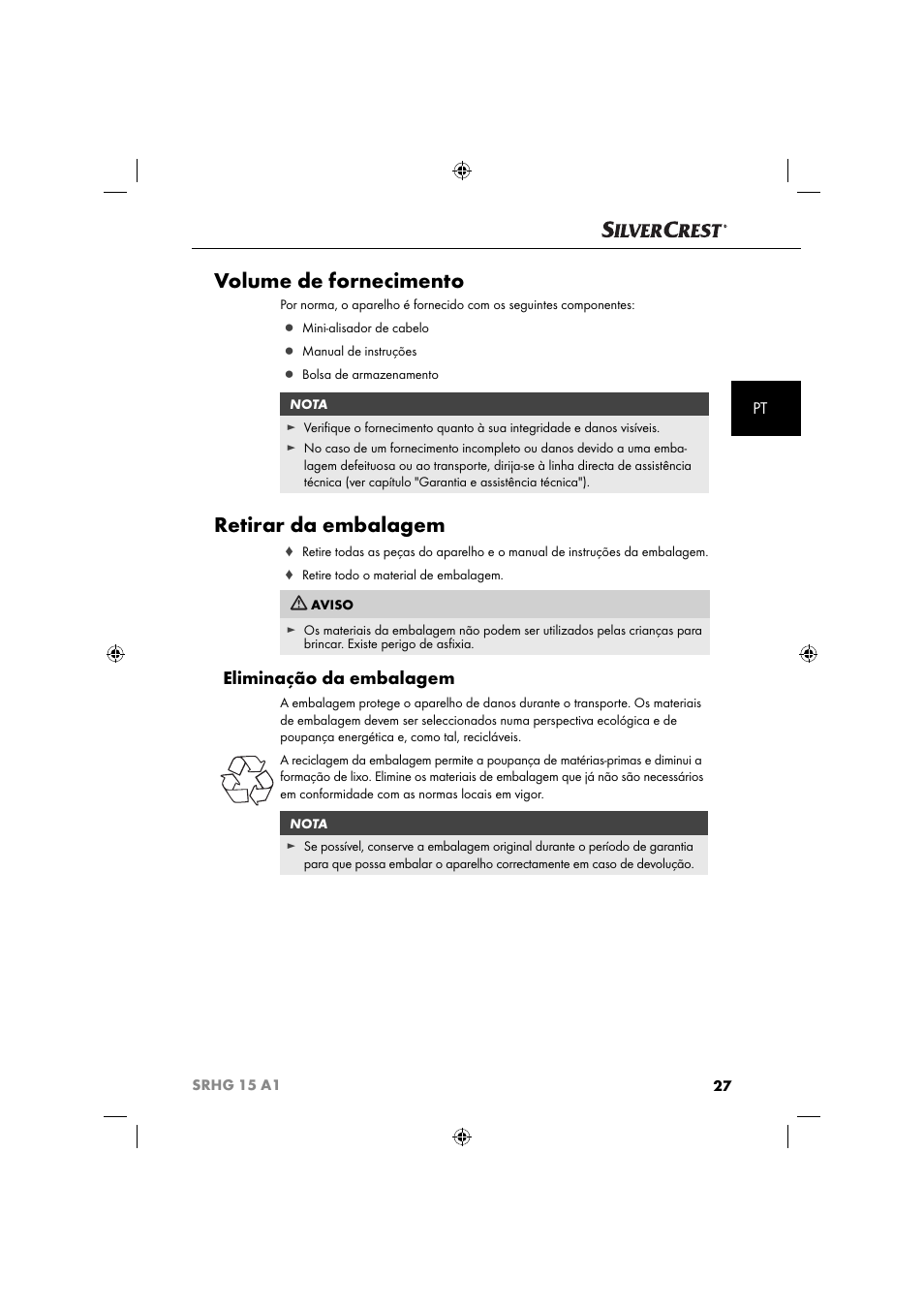 Volume de fornecimento, Retirar da embalagem, Eliminação da embalagem | Silvercrest SRHG 15 A1 User Manual | Page 30 / 64