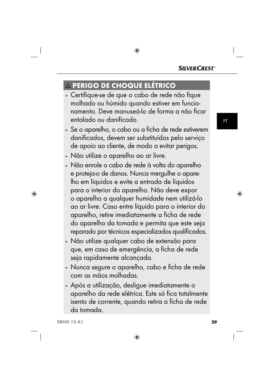 Perigo de choque elétrico, Não utilize o aparelho ao ar livre | Silvercrest SRHG 15 A1 User Manual | Page 32 / 64