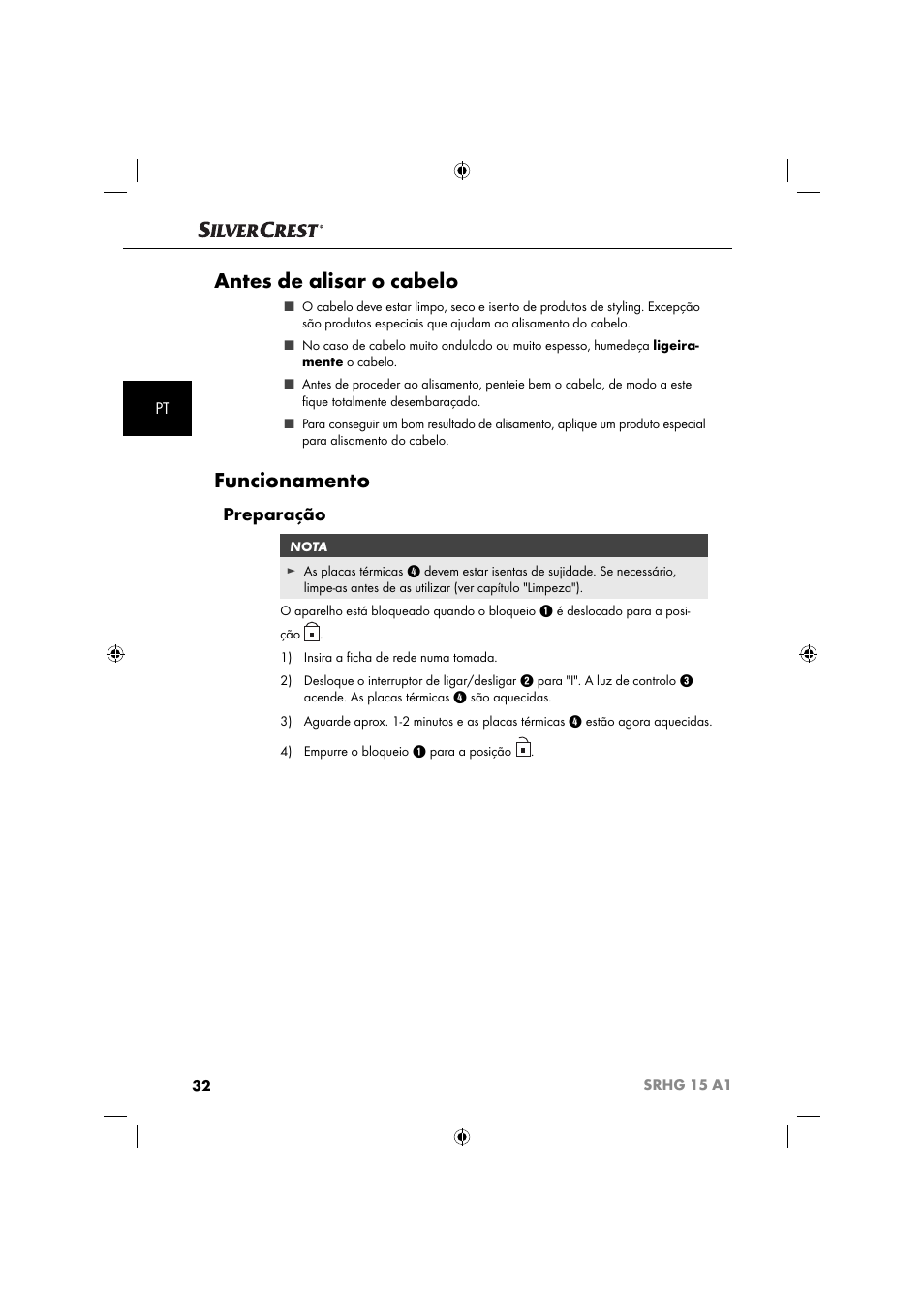 Antes de alisar o cabelo, Funcionamento, Preparação | Silvercrest SRHG 15 A1 User Manual | Page 35 / 64