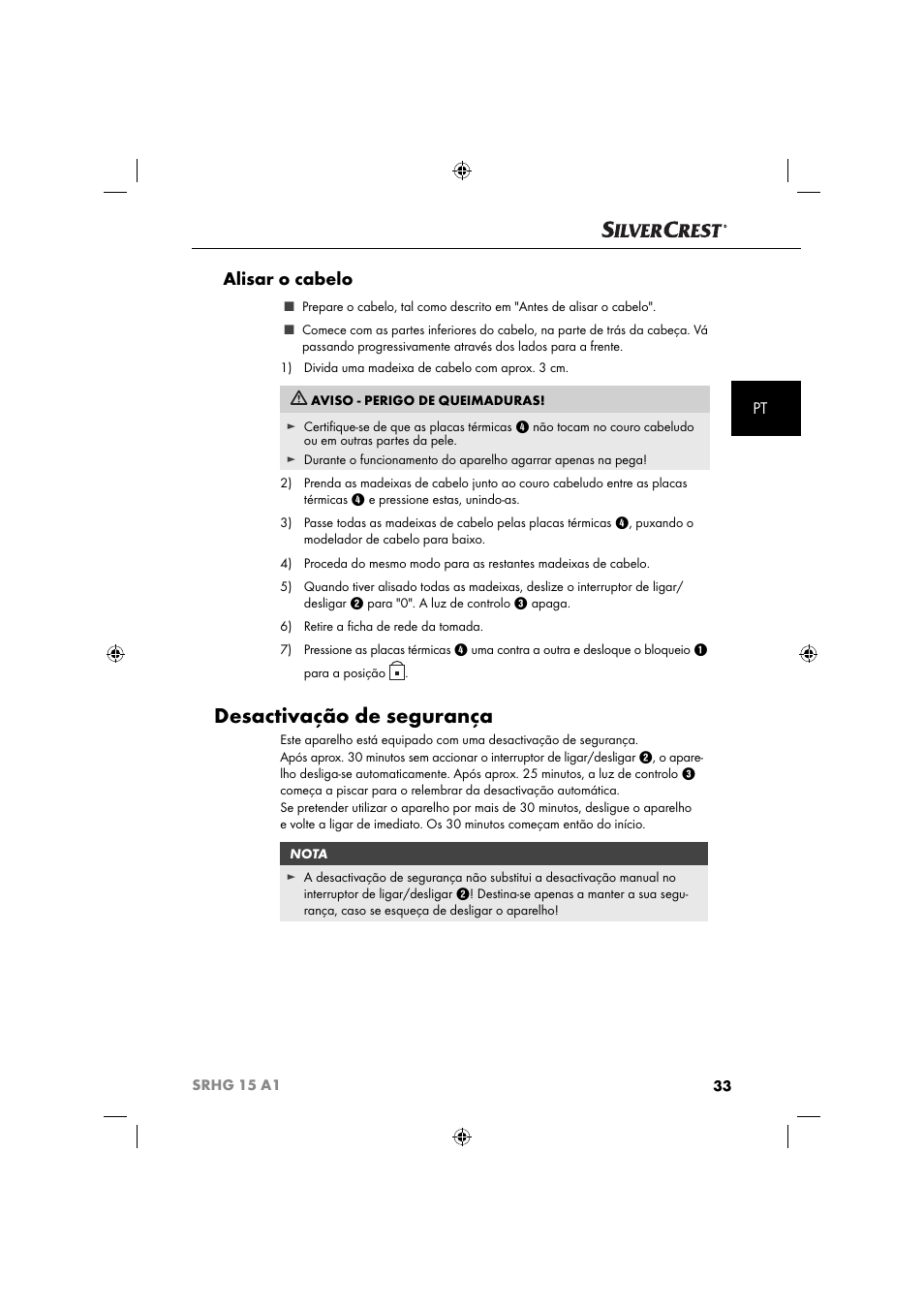 Desactivação de segurança, Alisar o cabelo | Silvercrest SRHG 15 A1 User Manual | Page 36 / 64