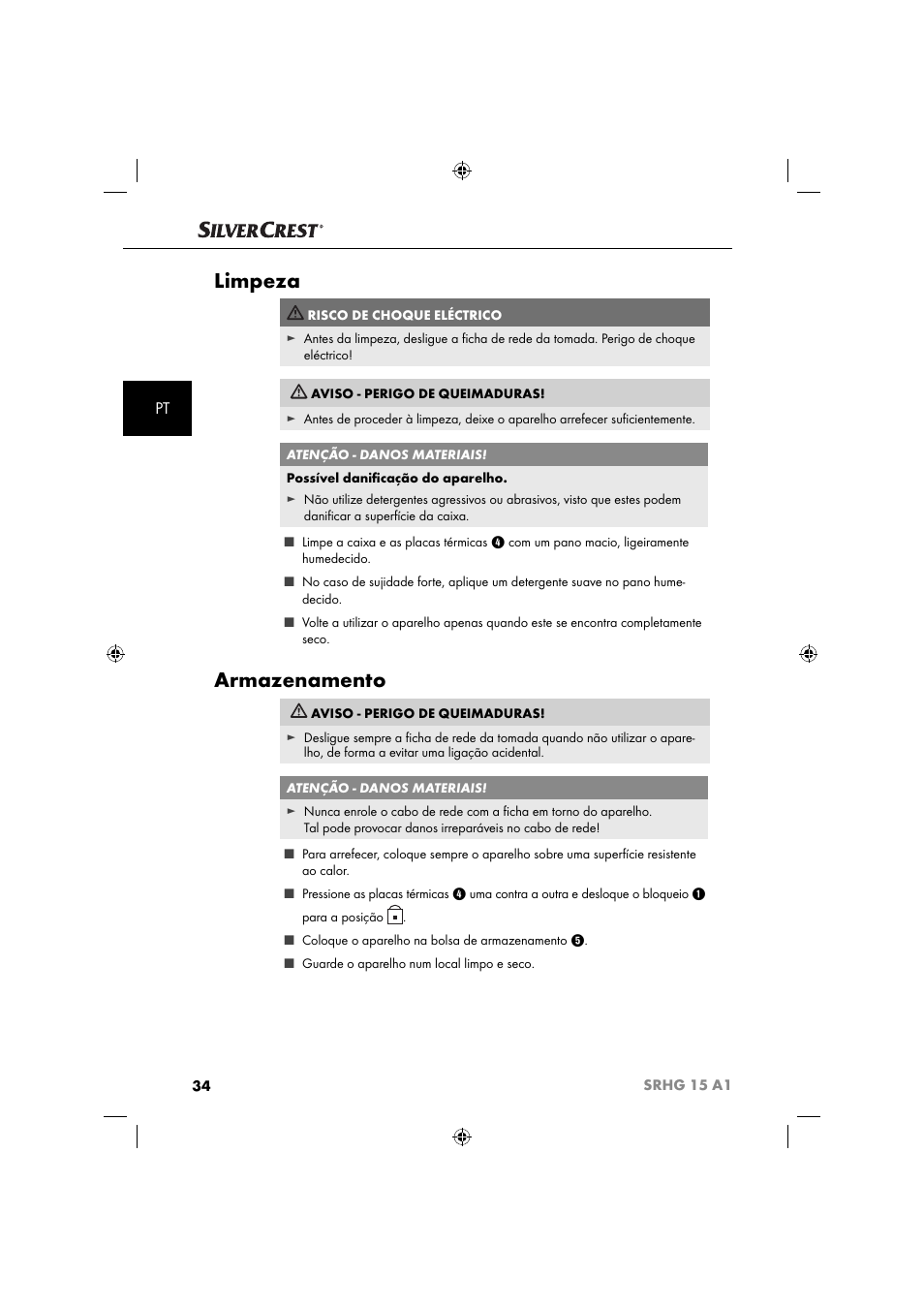 Limpeza, Armazenamento | Silvercrest SRHG 15 A1 User Manual | Page 37 / 64