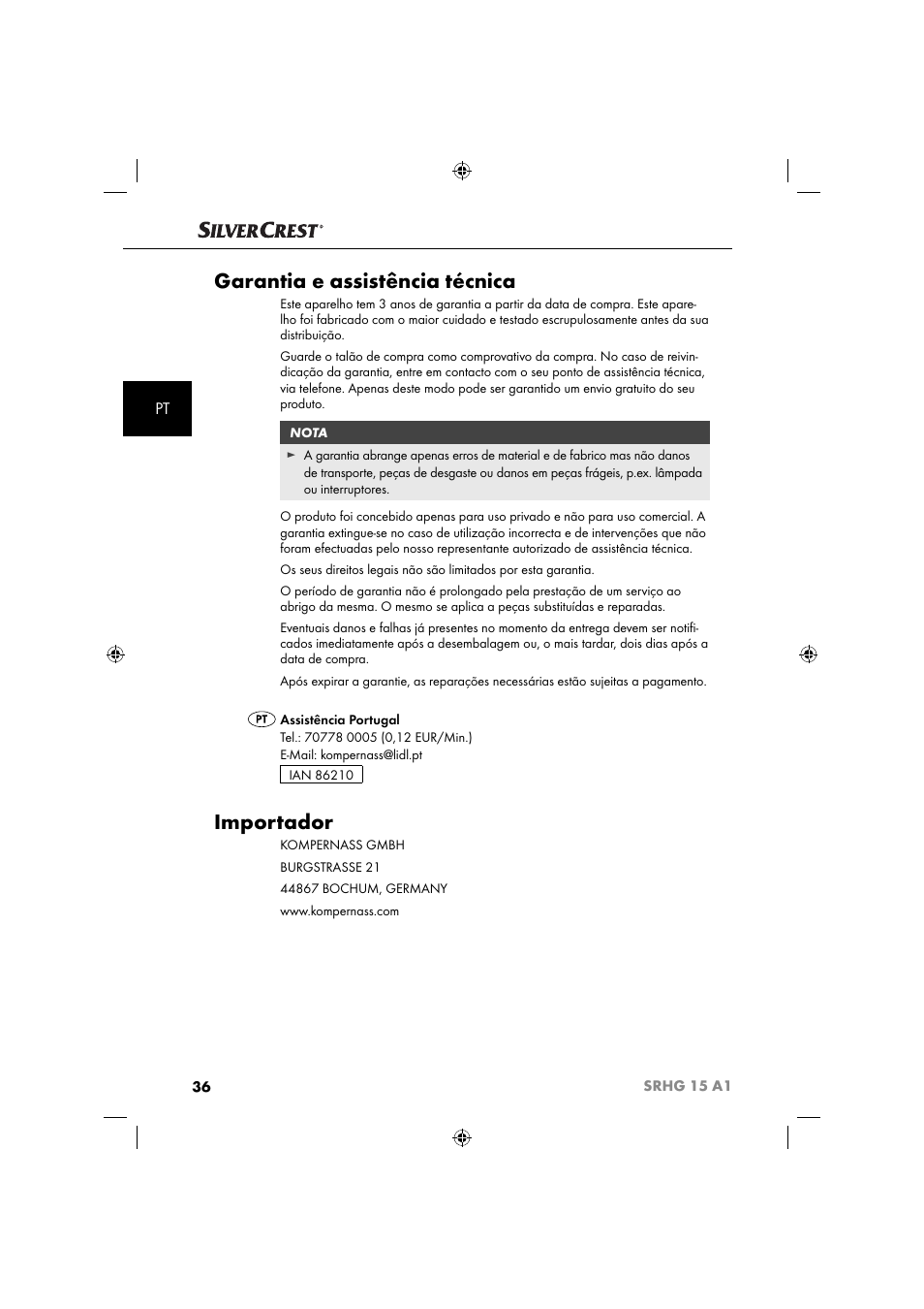 Garantia e assistência técnica, Importador | Silvercrest SRHG 15 A1 User Manual | Page 39 / 64