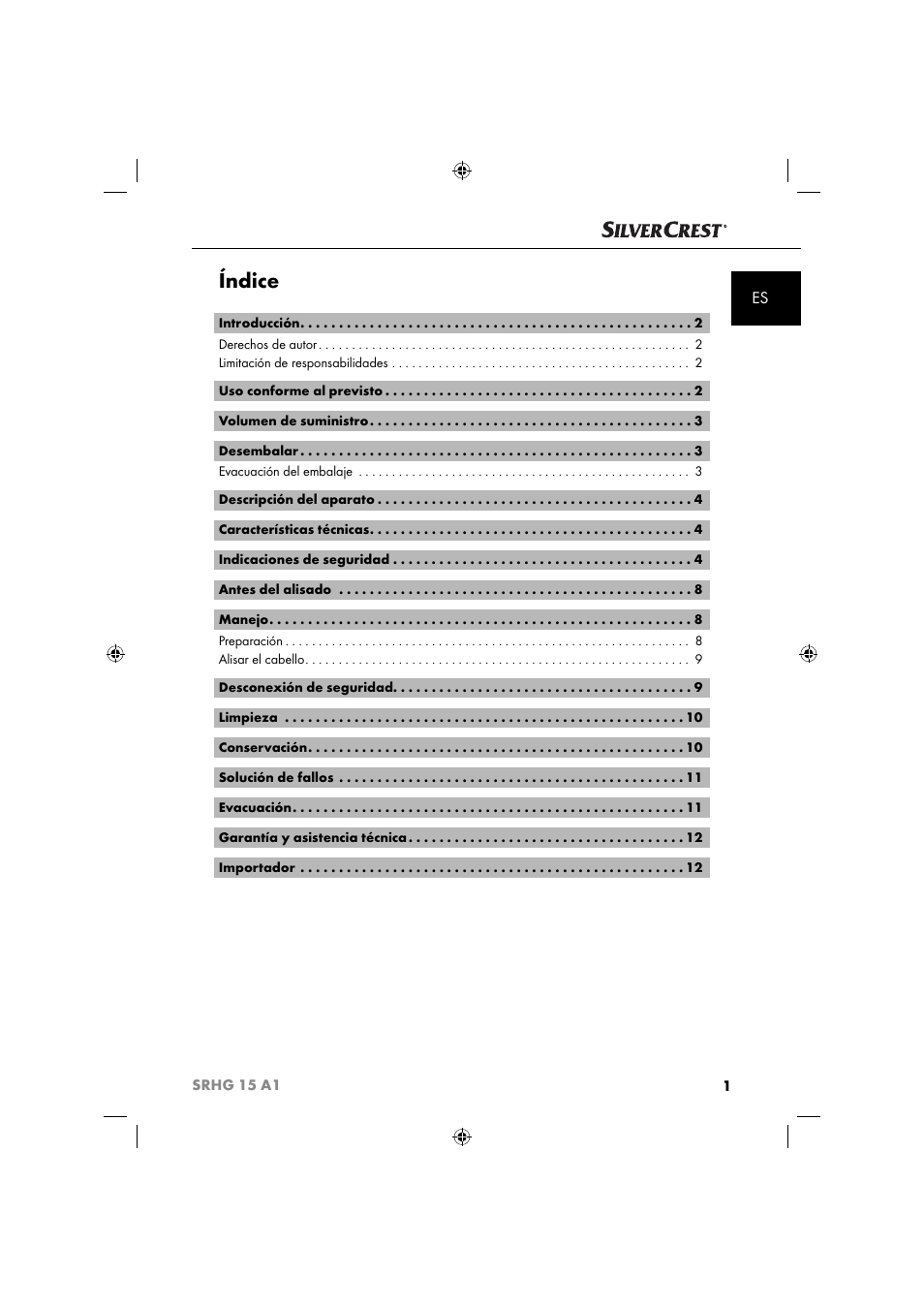 Índice | Silvercrest SRHG 15 A1 User Manual | Page 4 / 64